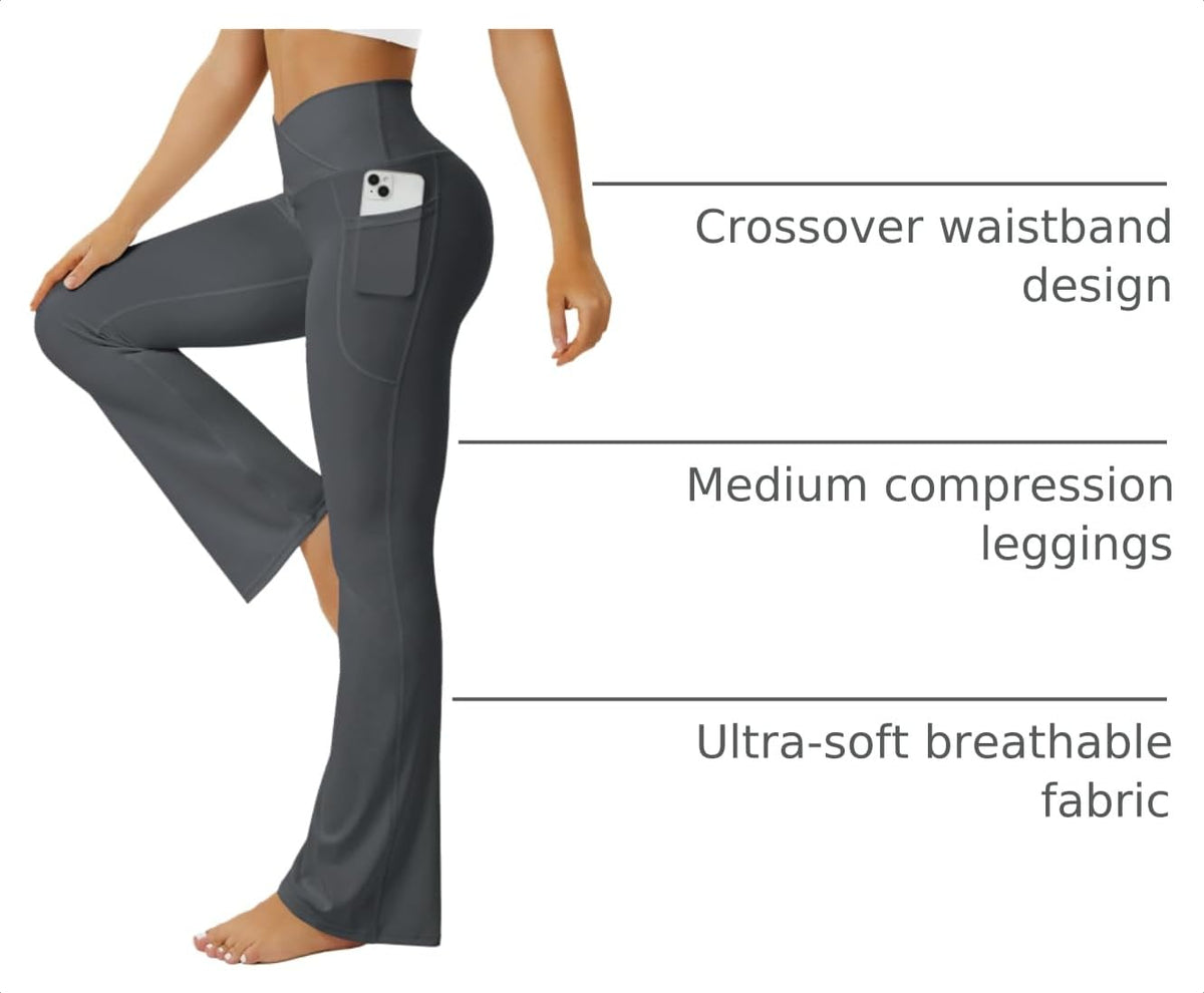 FOHOFO Women’s Crossover Flare Leggings with Pockets