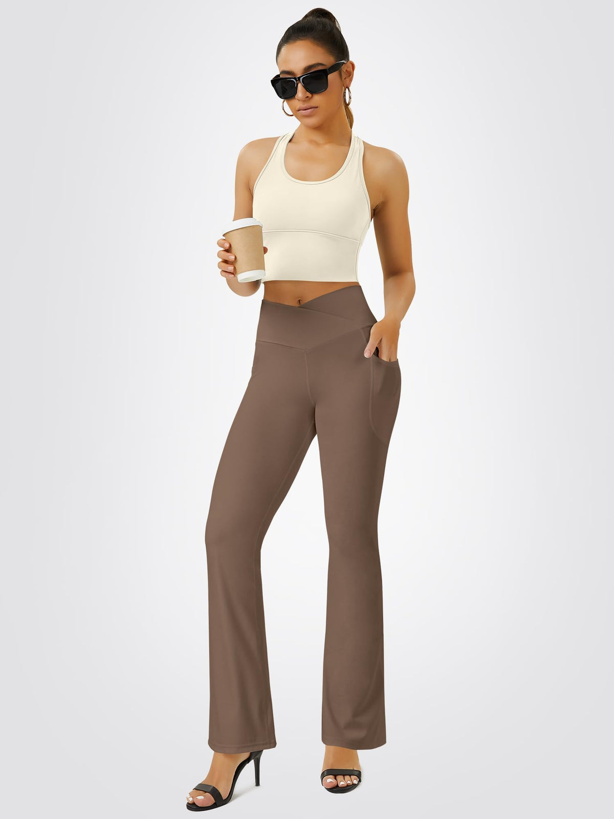 FOHOFO Women’s Crossover Flare Leggings with Pockets