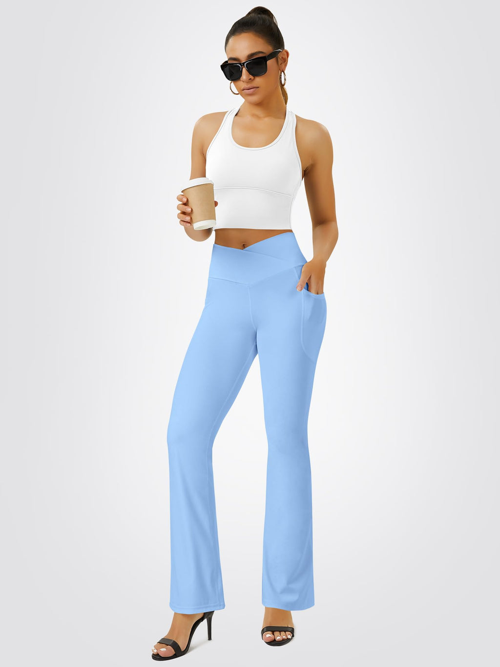 FOHOFO Women’s Crossover Flare Leggings with Pockets