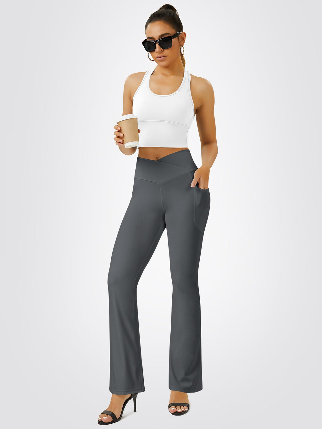 FOHOFO Women’s Crossover Flare Leggings with Pockets