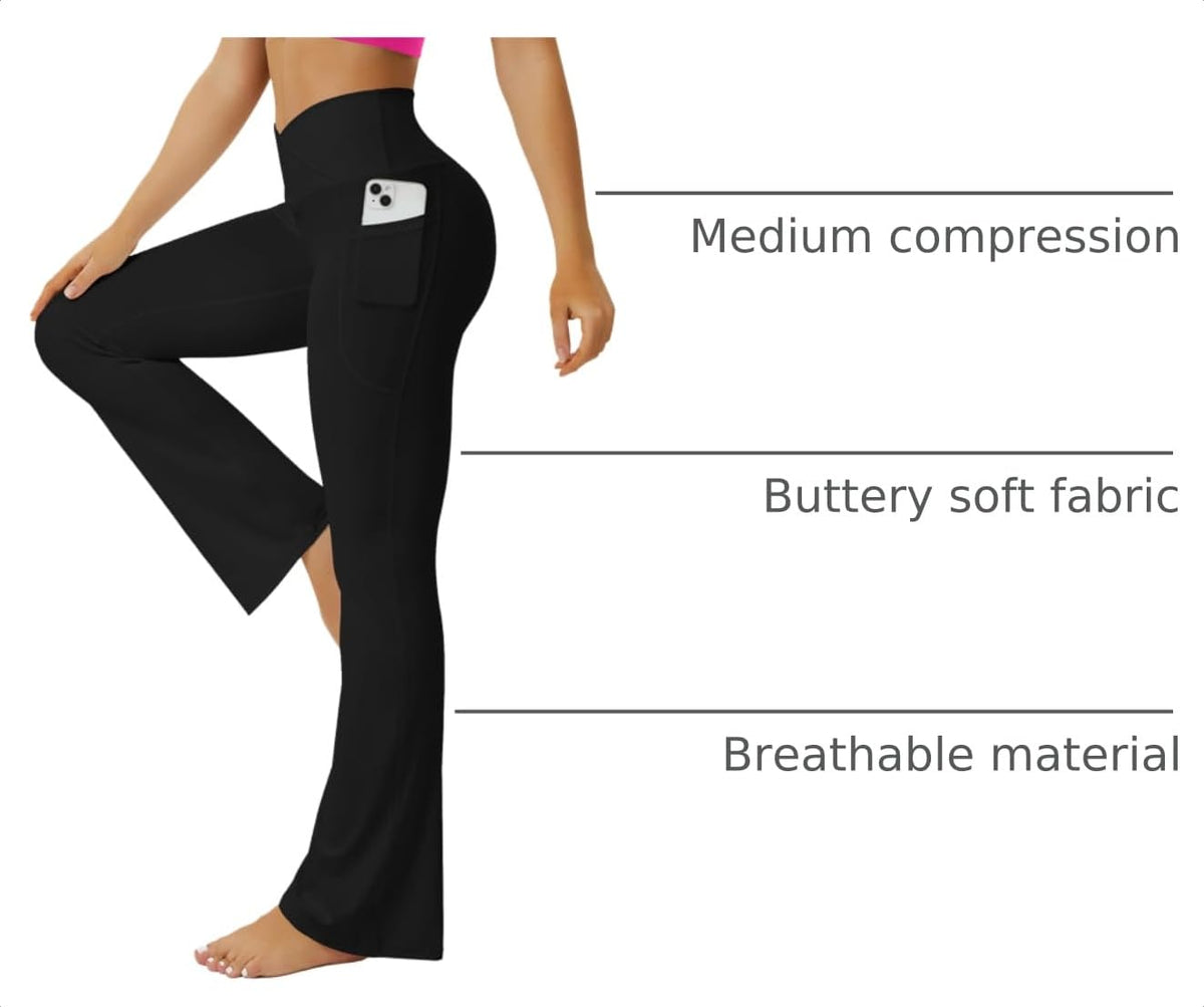FOHOFO Women’s Crossover Flare Leggings with Pockets