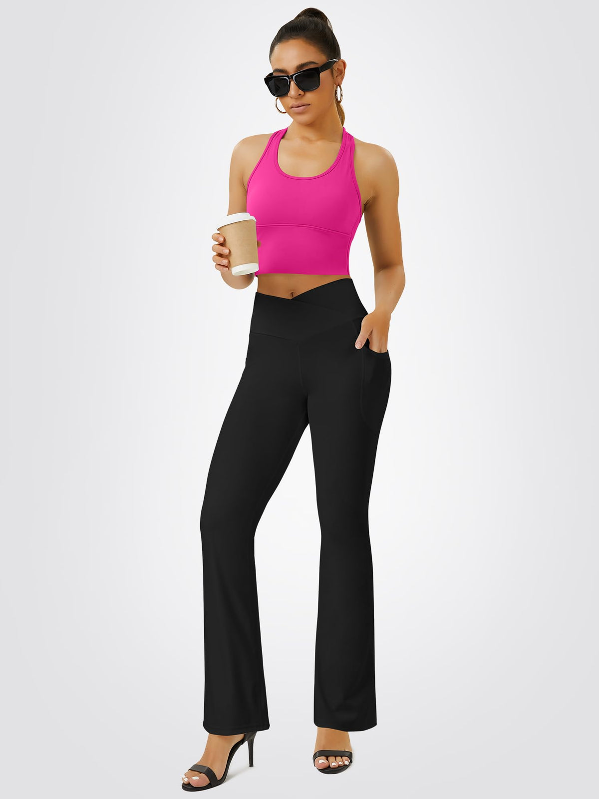 FOHOFO Women’s Crossover Flare Leggings with Pockets