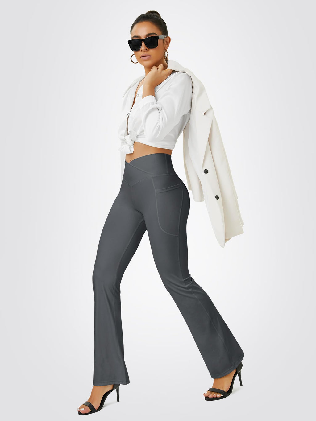 FOHOFO Women’s Crossover Flare Leggings with Pockets