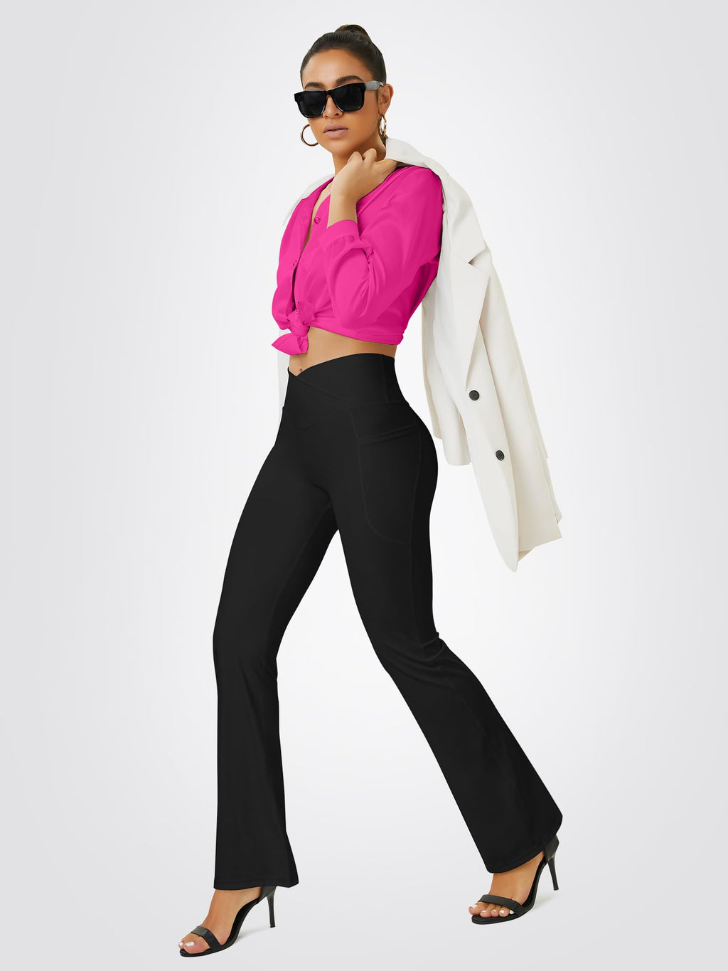 FOHOFO Women’s Crossover Flare Leggings with Pockets