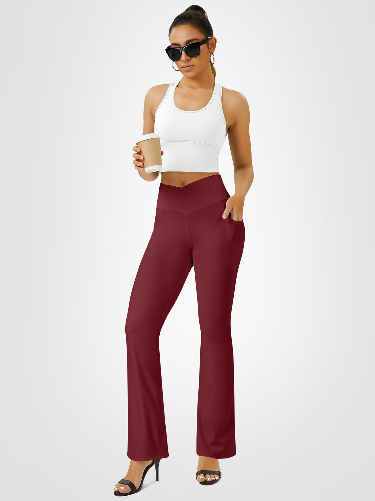 FOHOFO Women’s Crossover Flare Leggings with Pockets