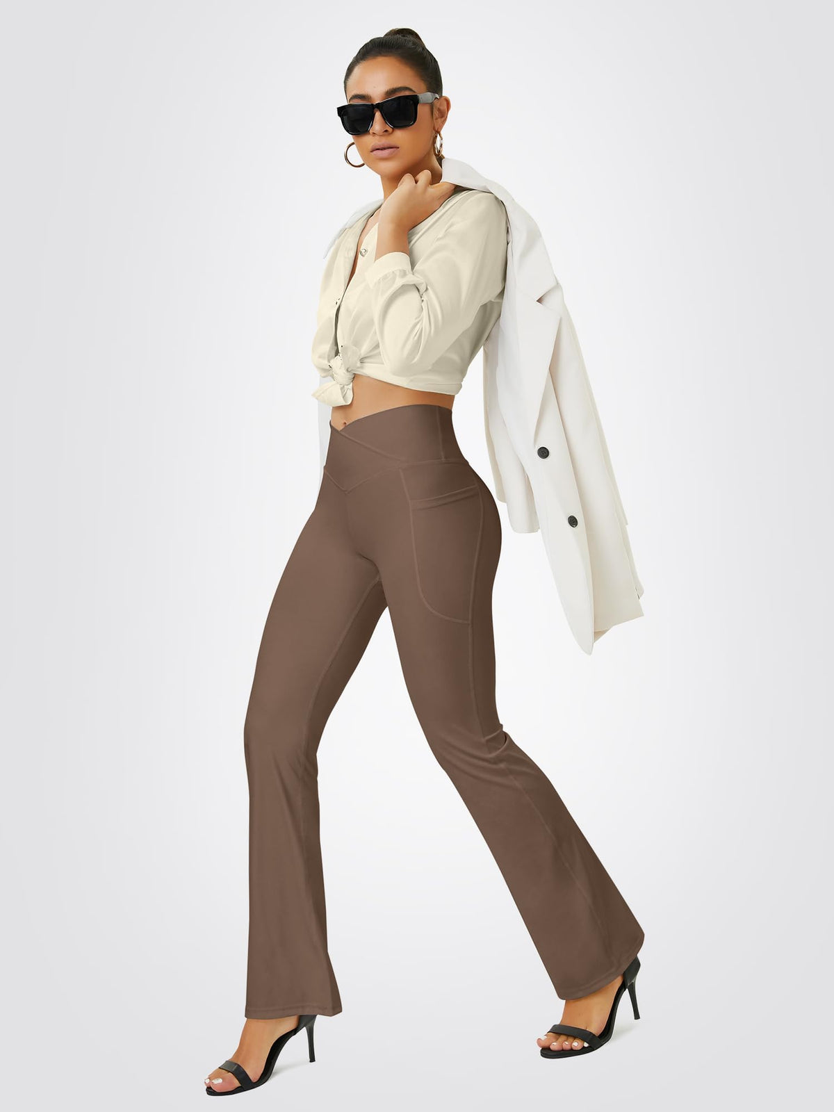 FOHOFO Women’s Crossover Flare Leggings with Pockets
