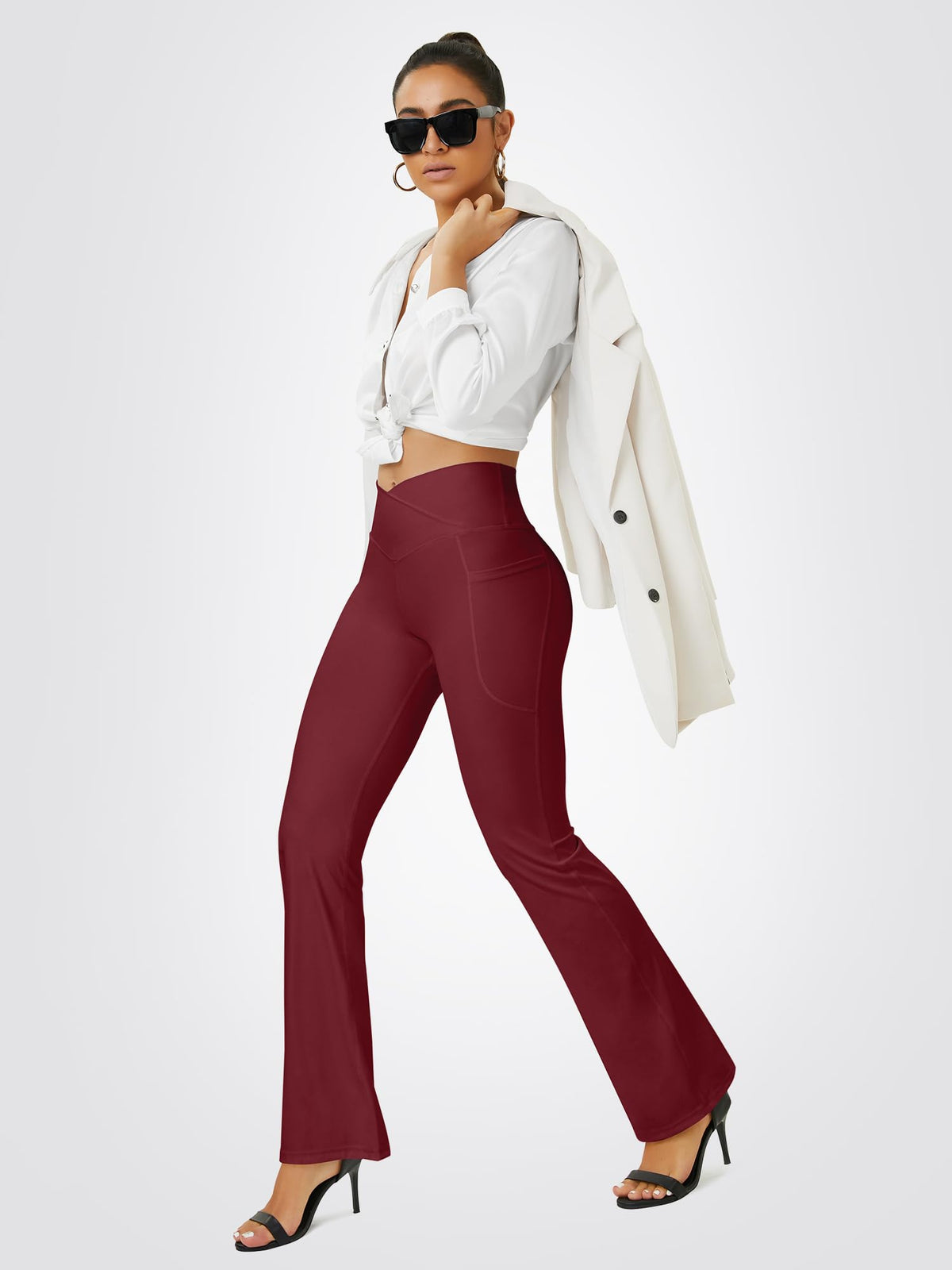 FOHOFO Women’s Crossover Flare Leggings with Pockets