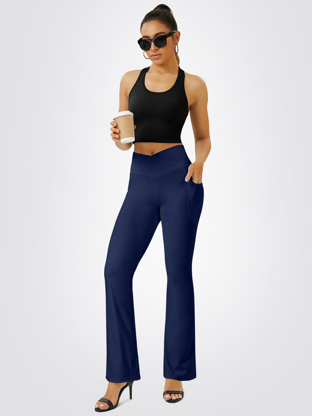 FOHOFO Women’s Crossover Flare Leggings with Pockets