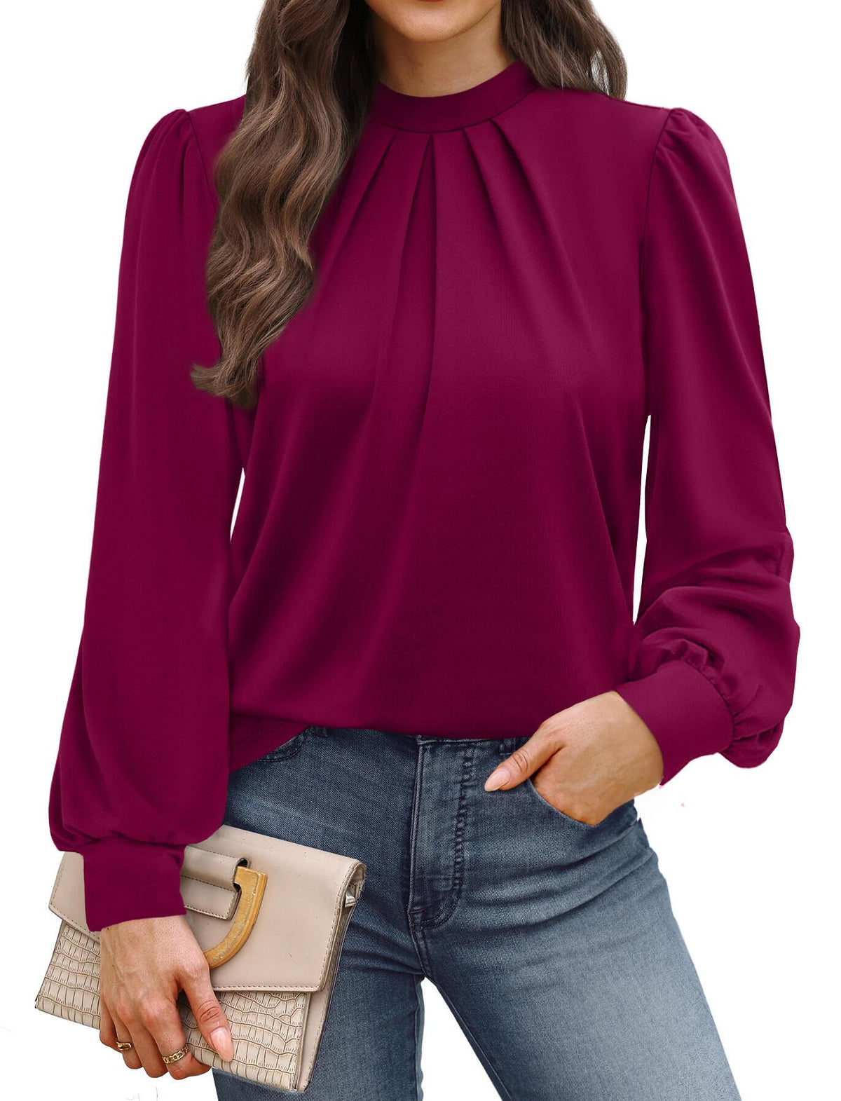 WIHOLL Women’s Mock Neck Pleated Long Sleeve Blouse