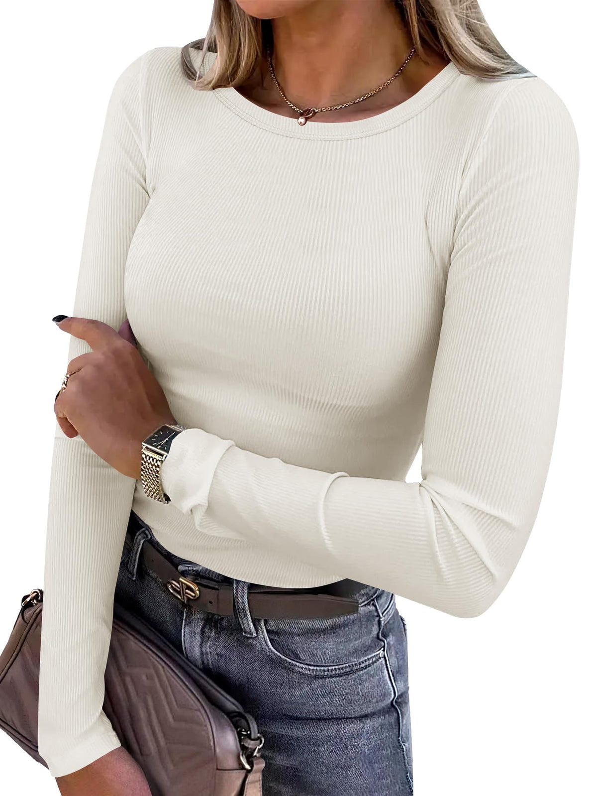 ANRABESS Women’s Ribbed Long Sleeve Crewneck Top