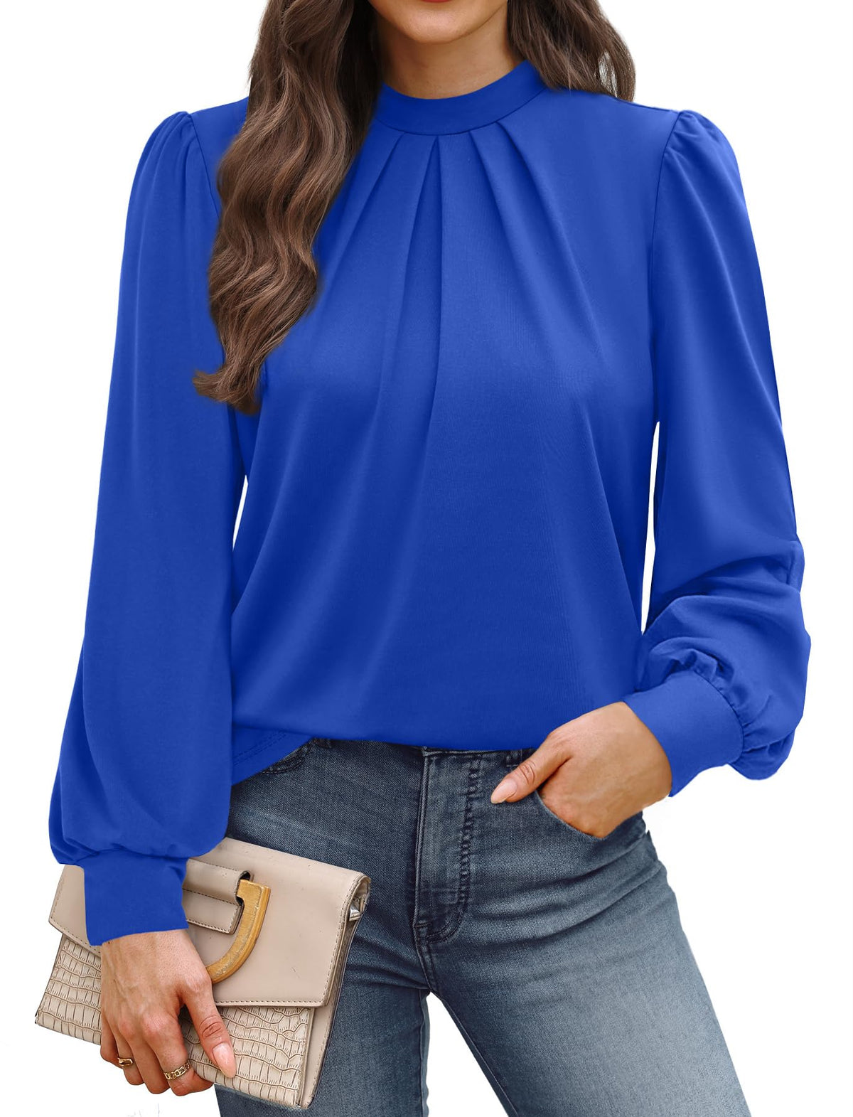 WIHOLL Women’s Mock Neck Pleated Long Sleeve Blouse