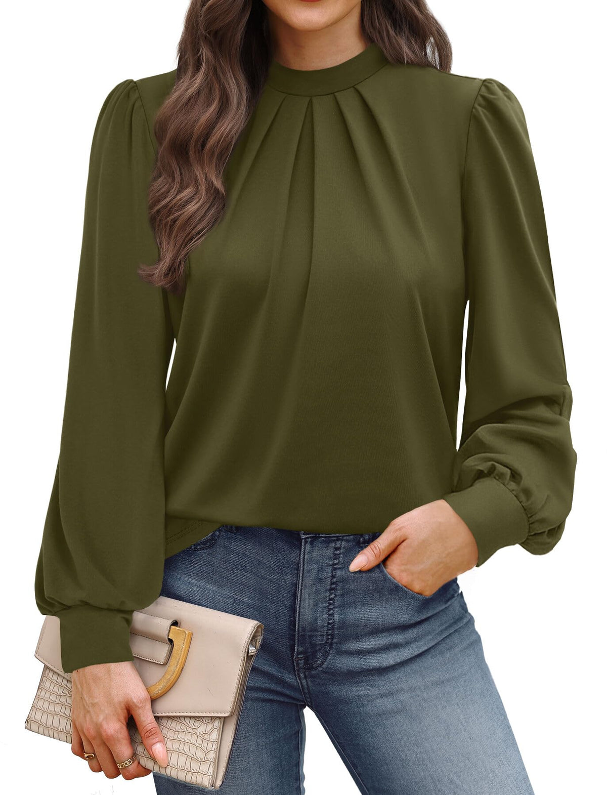 WIHOLL Women’s Mock Neck Pleated Long Sleeve Blouse