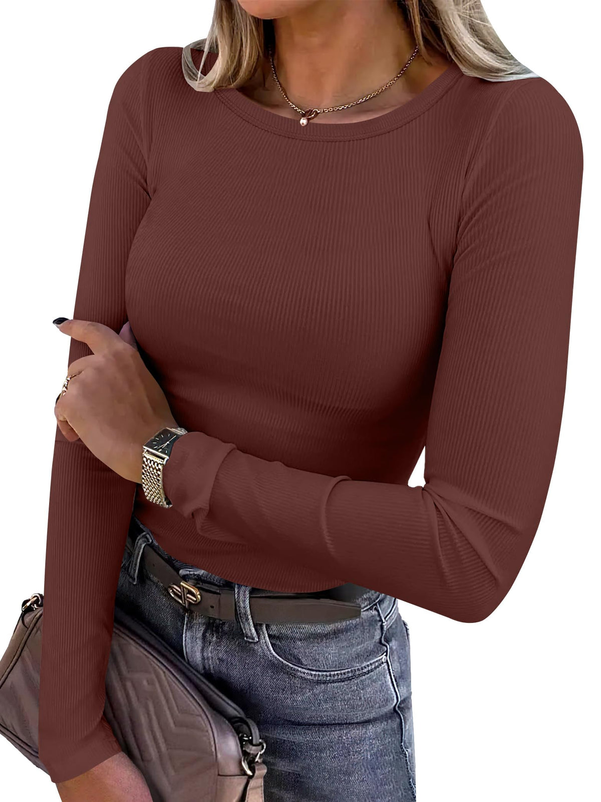 ANRABESS Women’s Ribbed Long Sleeve Crewneck Top