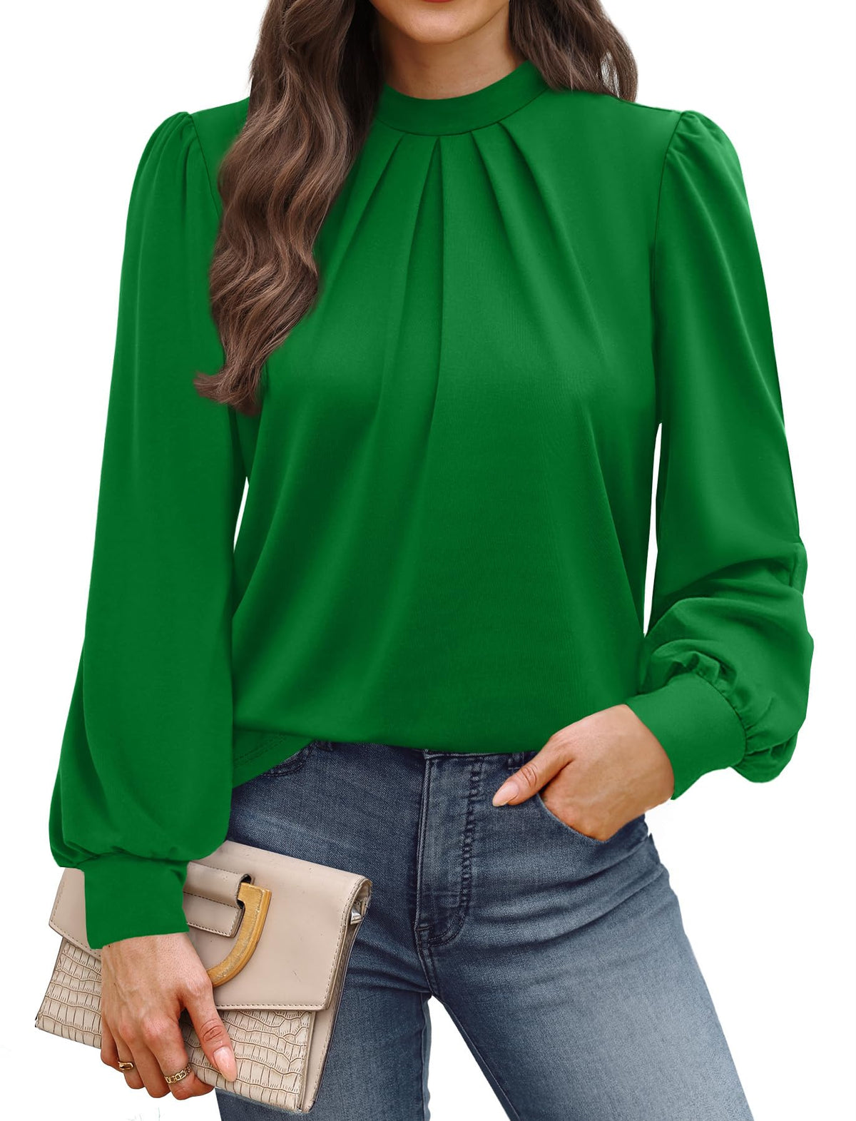 WIHOLL Women’s Mock Neck Pleated Long Sleeve Blouse