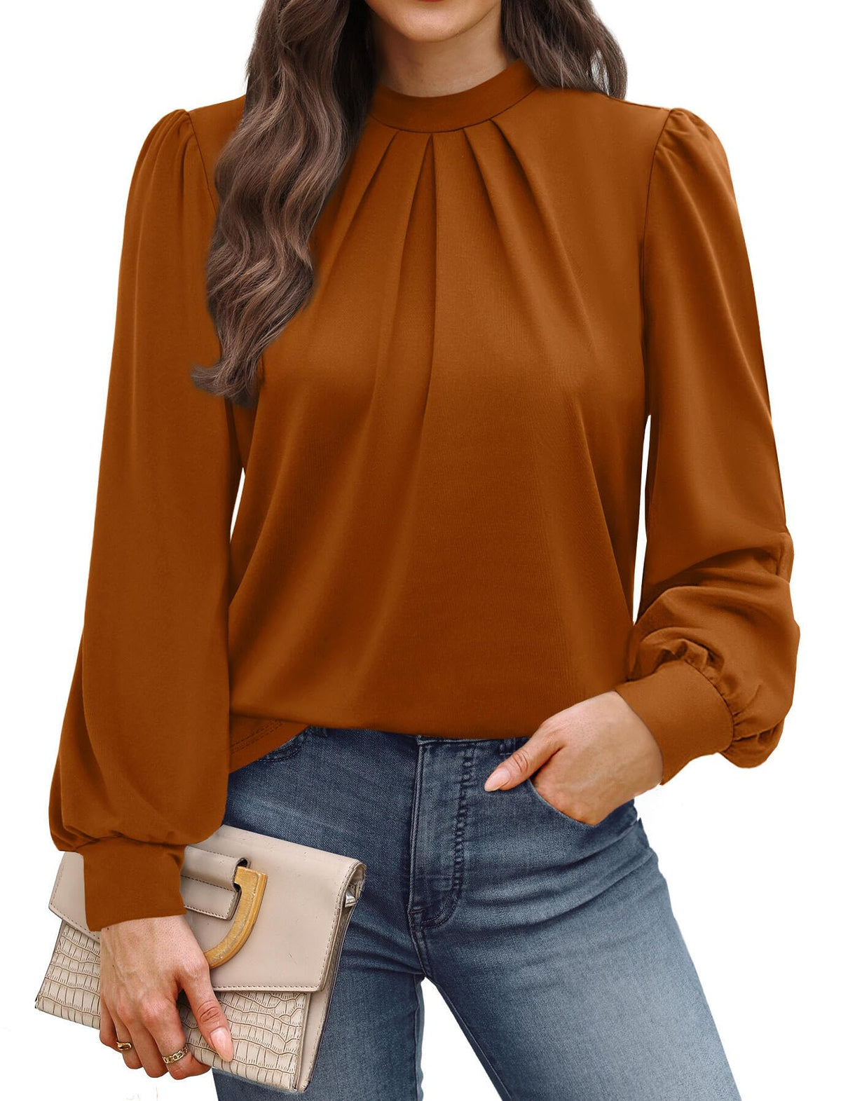 WIHOLL Women’s Mock Neck Pleated Long Sleeve Blouse