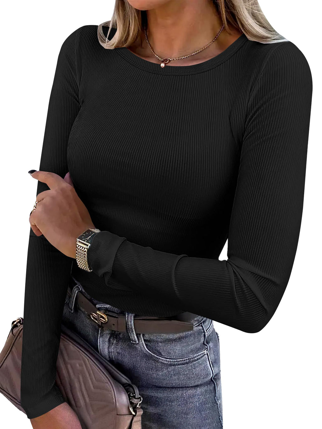 ANRABESS Women’s Ribbed Long Sleeve Crewneck Top