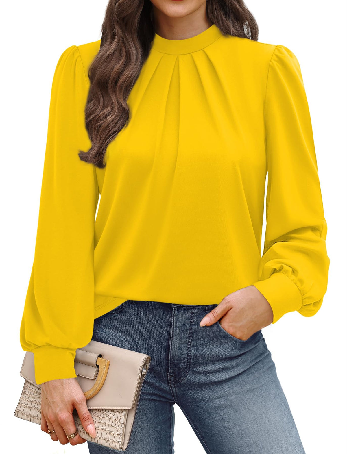 WIHOLL Women’s Mock Neck Pleated Long Sleeve Blouse