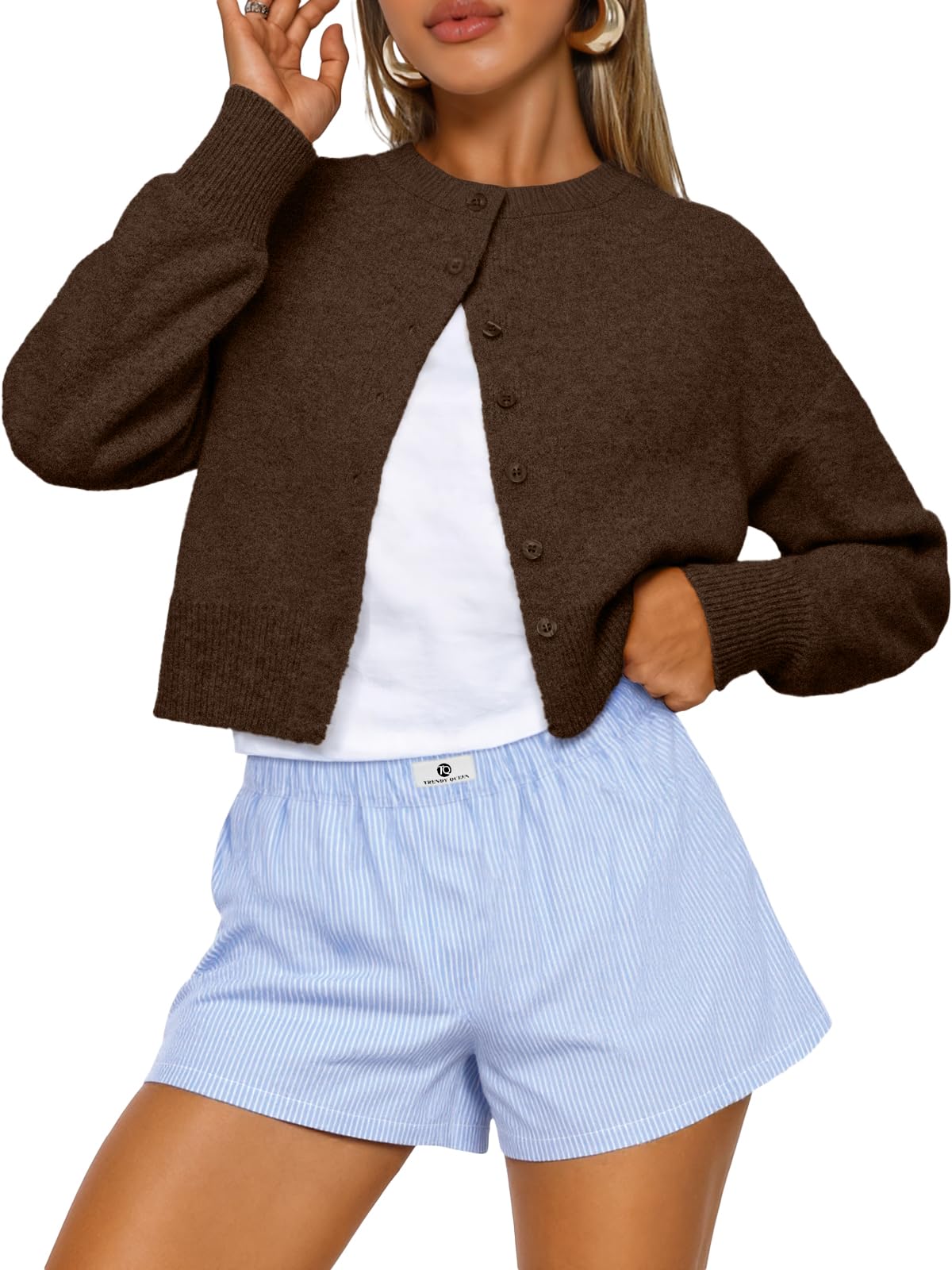 Trendy Queen Women’s Relaxed Cropped Knit Cardigan