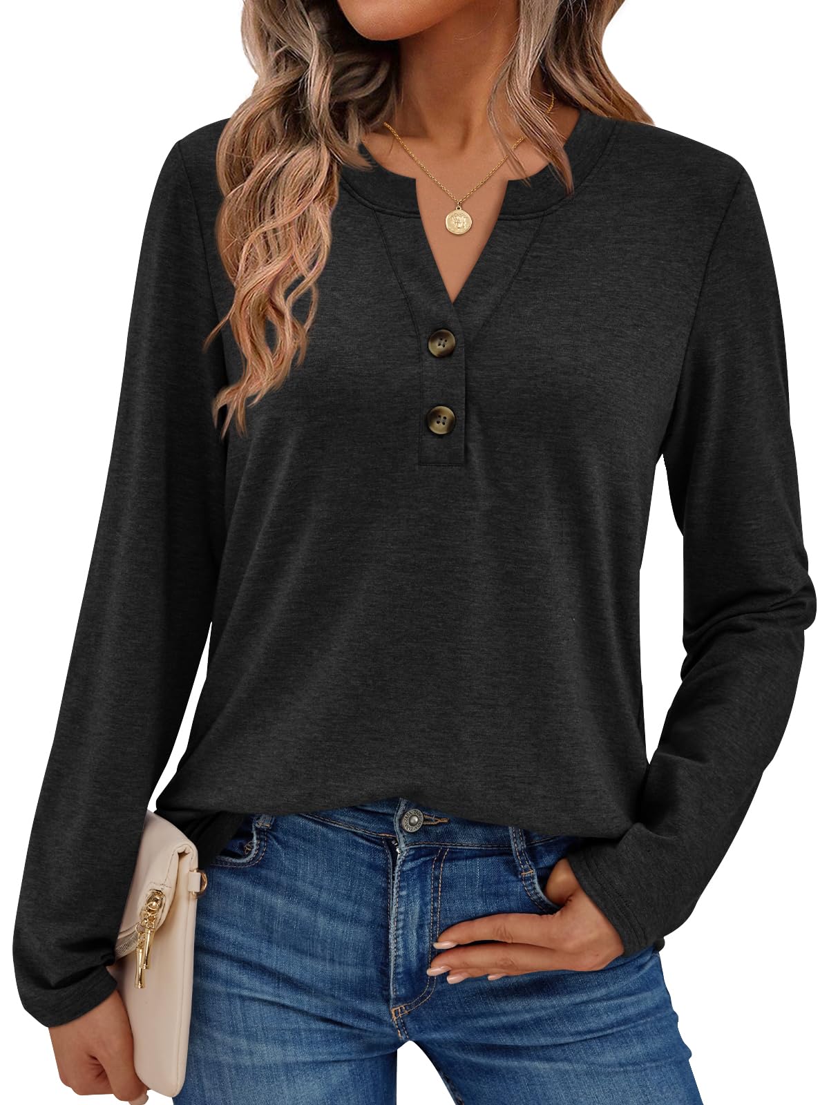 AUTOMET Women’s Long Sleeve V-Neck Henley Top