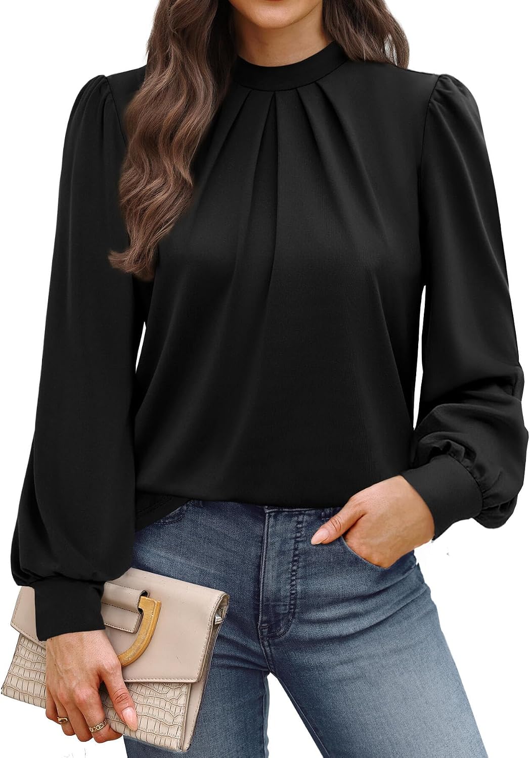 WIHOLL Women’s Mock Neck Pleated Long Sleeve Blouse