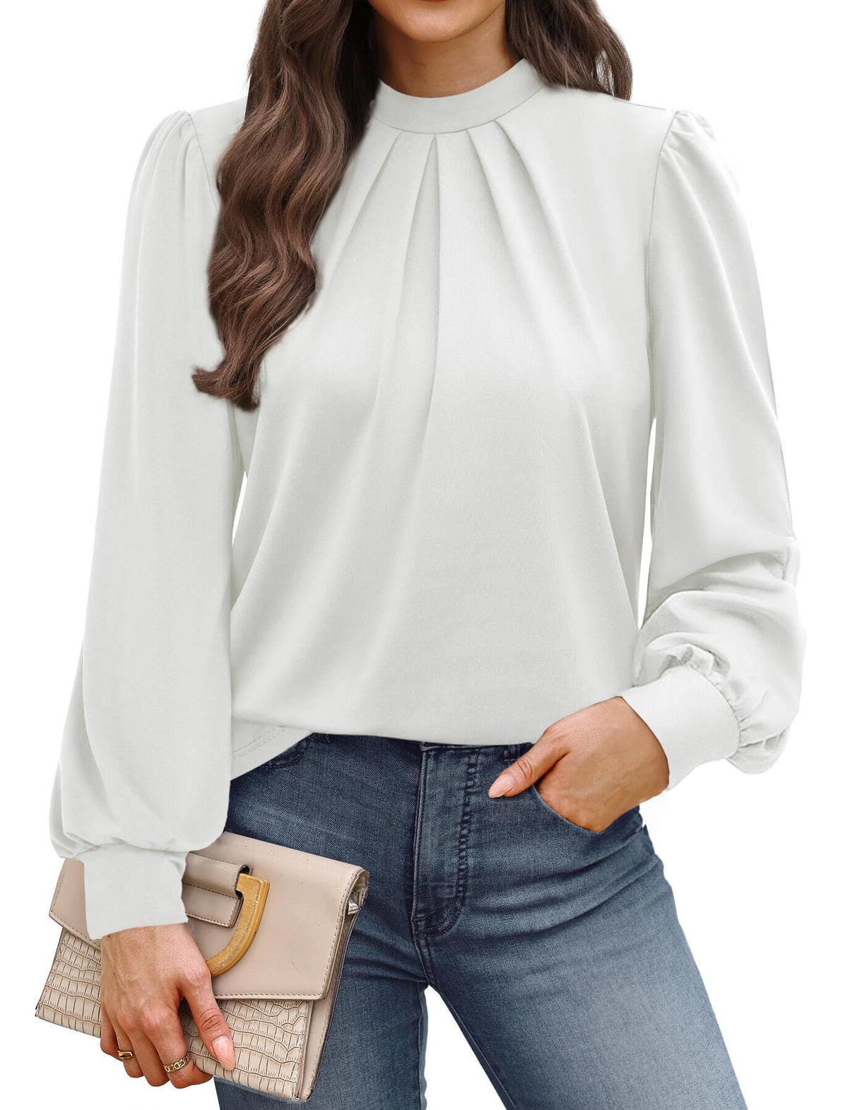 WIHOLL Women’s Mock Neck Pleated Long Sleeve Blouse