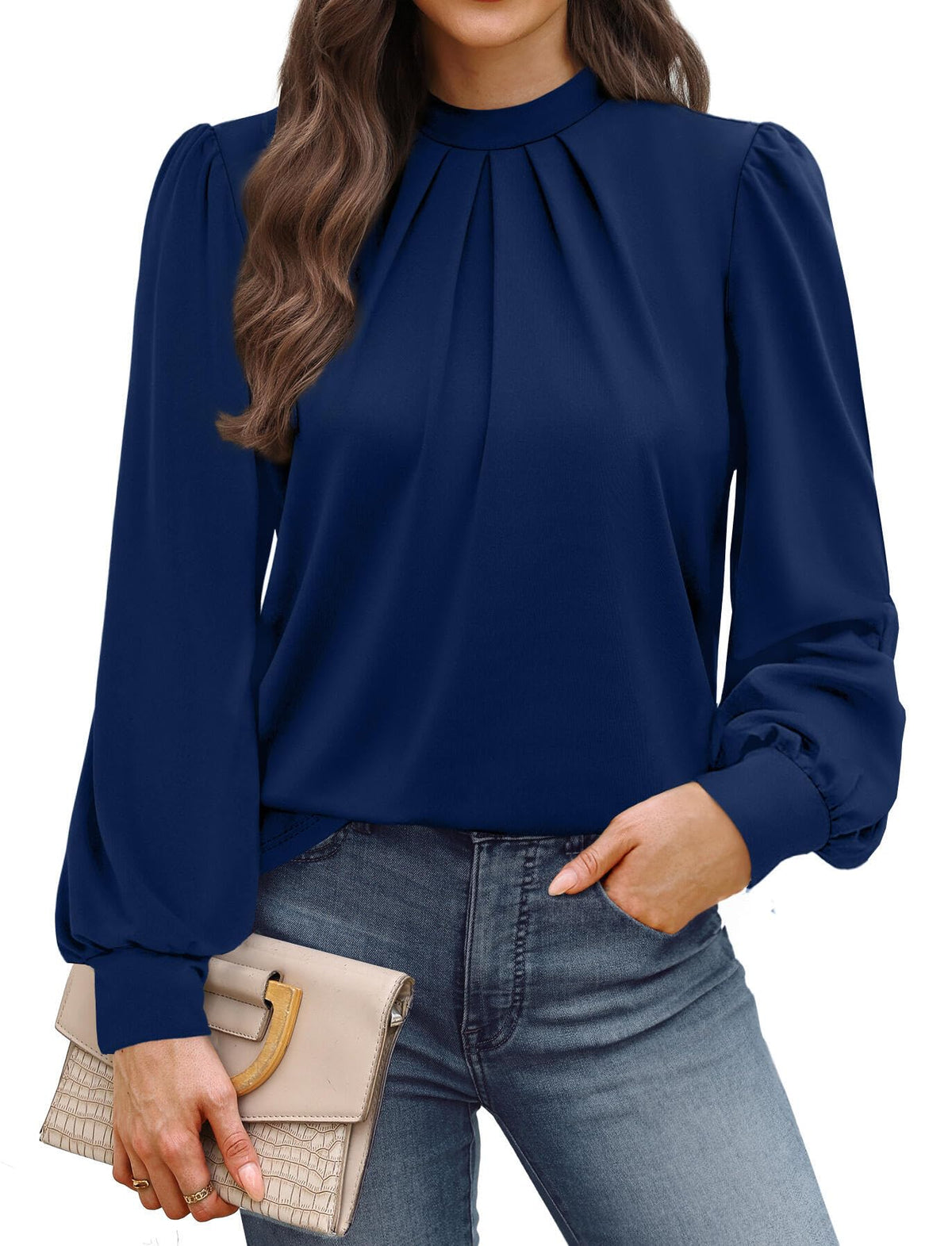 WIHOLL Women’s Mock Neck Pleated Long Sleeve Blouse