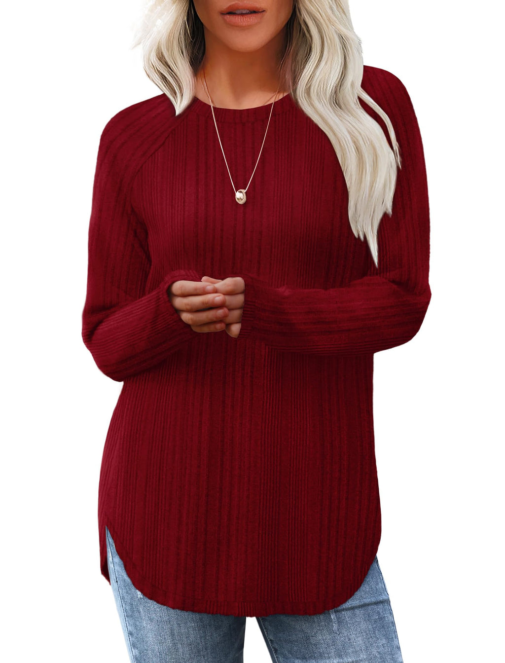Saloogoe Women’s Long Sleeve Curved-Hem Tunic