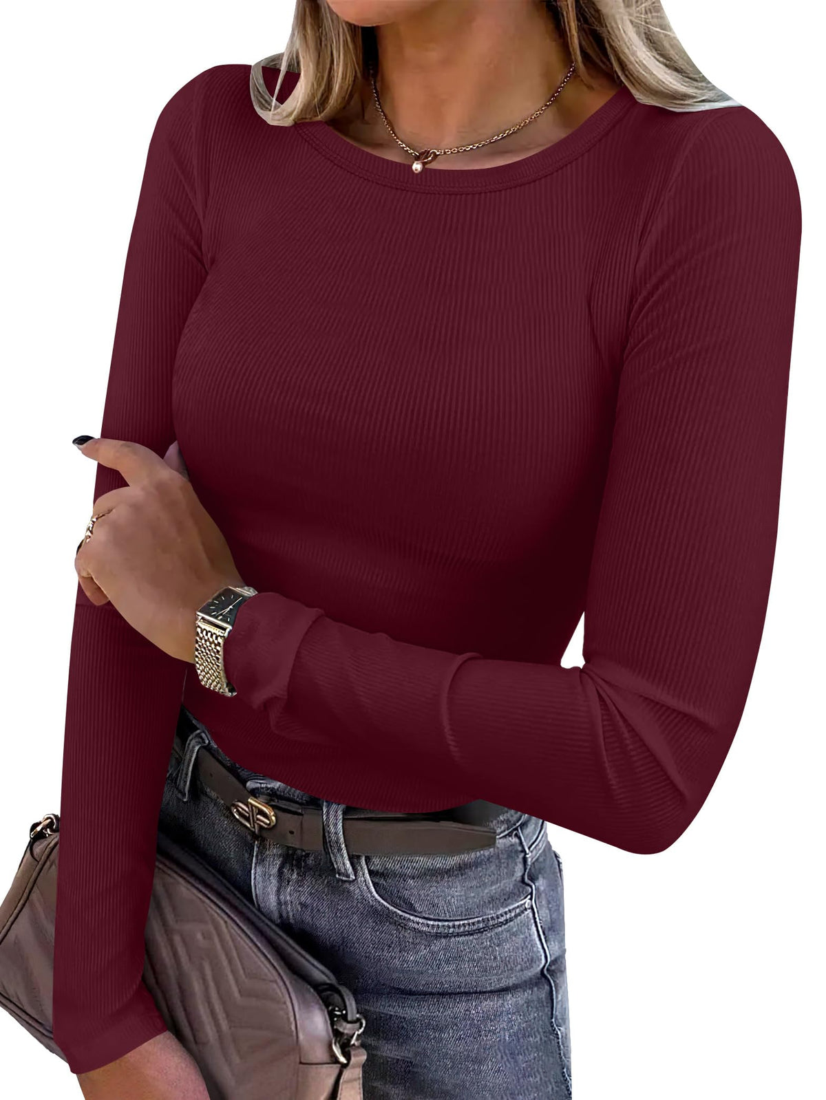 ANRABESS Women’s Ribbed Long Sleeve Crewneck Top
