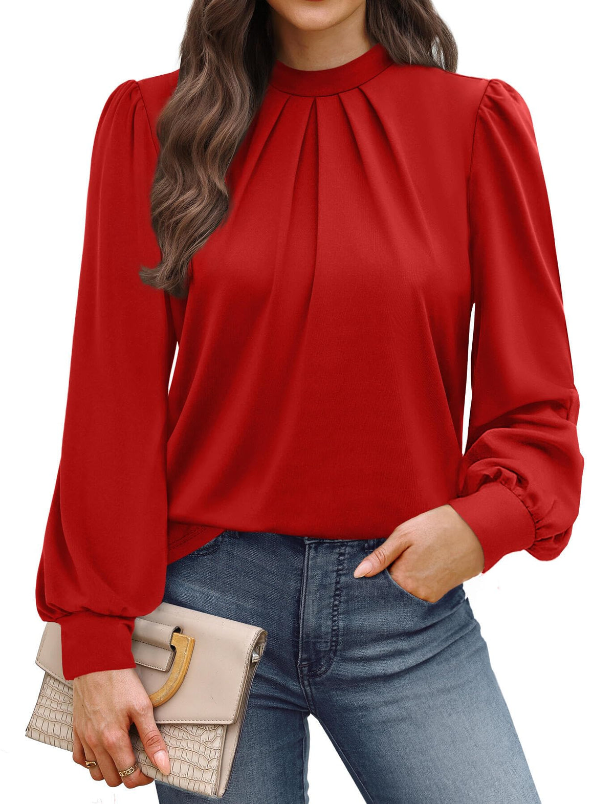 WIHOLL Women’s Mock Neck Pleated Long Sleeve Blouse