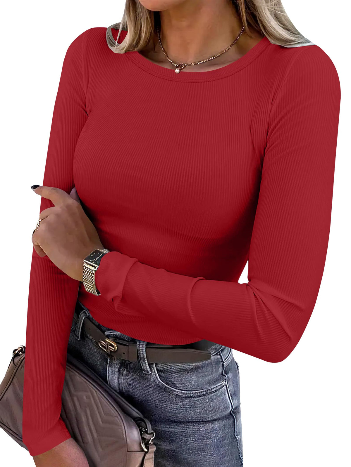 ANRABESS Women’s Ribbed Long Sleeve Crewneck Top