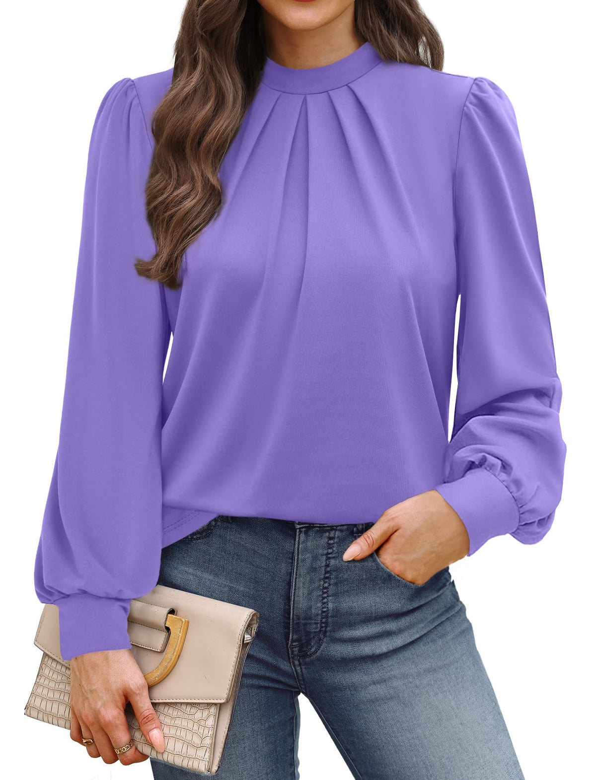 WIHOLL Women’s Mock Neck Pleated Long Sleeve Blouse
