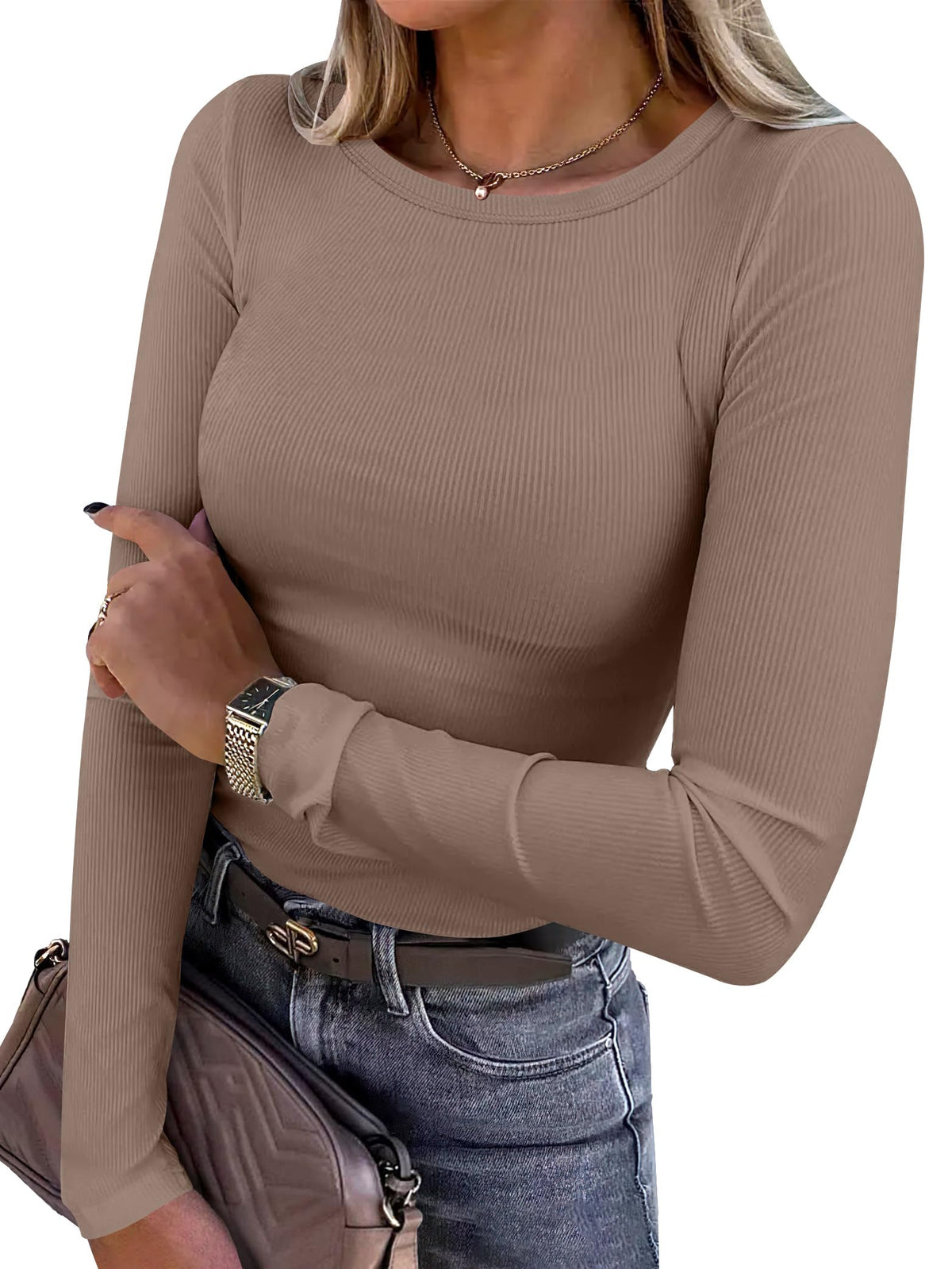 ANRABESS Women’s Ribbed Long Sleeve Crewneck Top