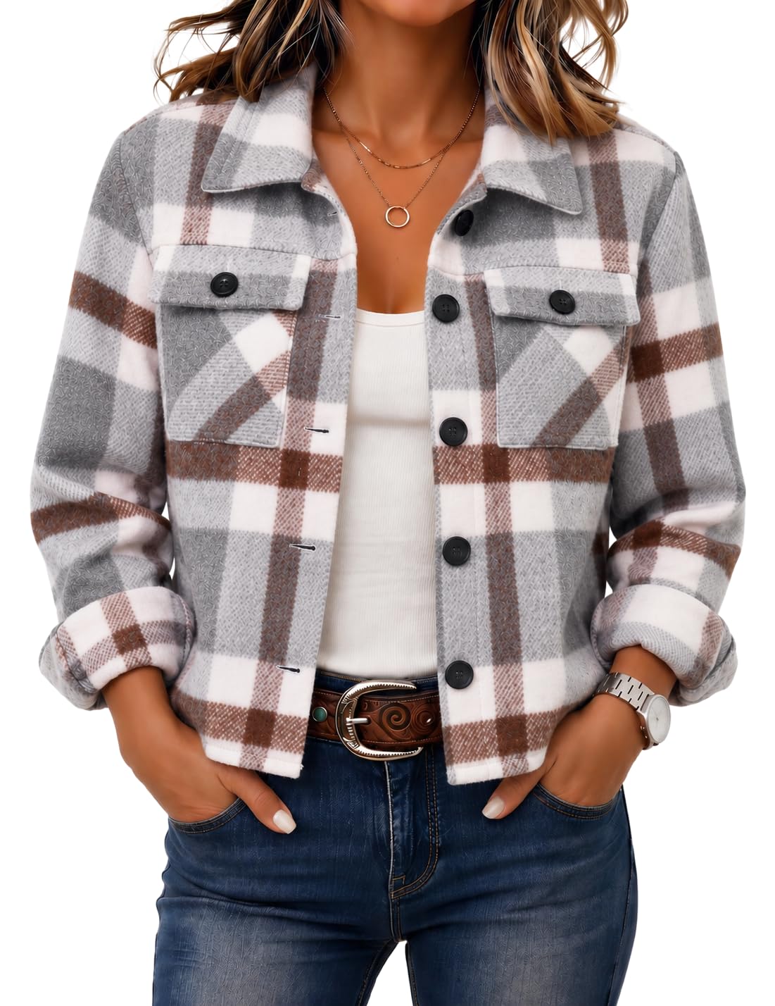 Zeagoo Women’s Cropped Plaid Flannel Shacket