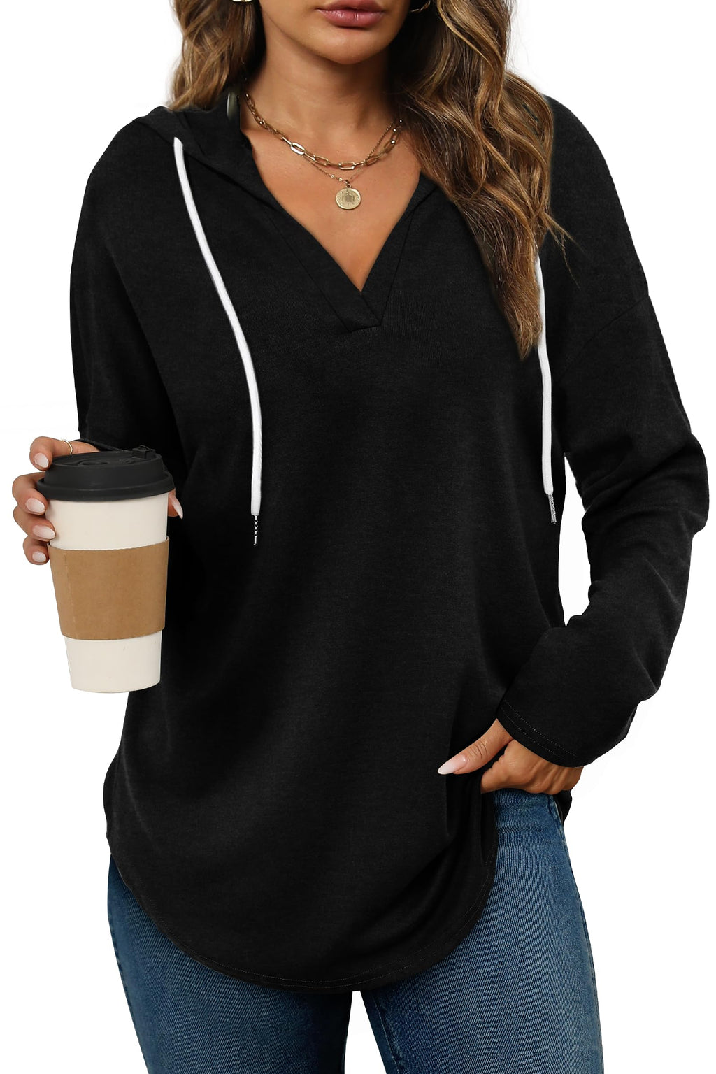 Women’s Loose Fit V-Neck Pullover Hoodie