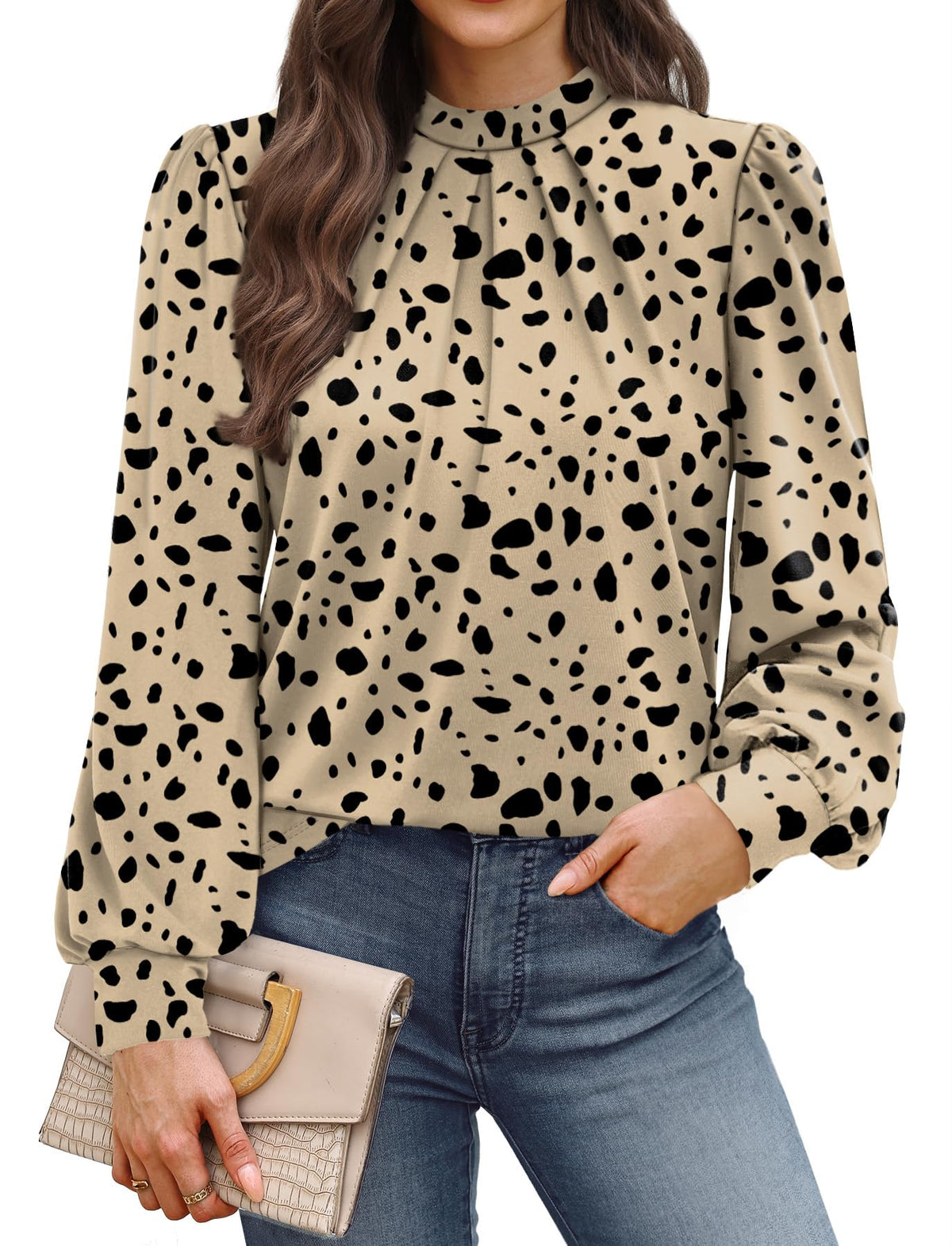 WIHOLL Women’s Mock Neck Pleated Long Sleeve Blouse