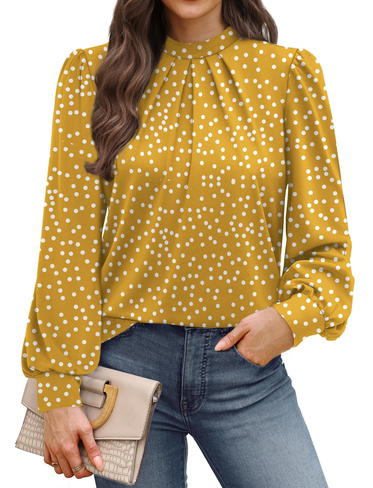 WIHOLL Women’s Mock Neck Pleated Long Sleeve Blouse
