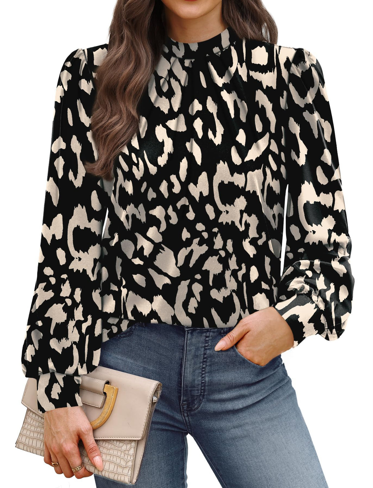 WIHOLL Women’s Mock Neck Pleated Long Sleeve Blouse