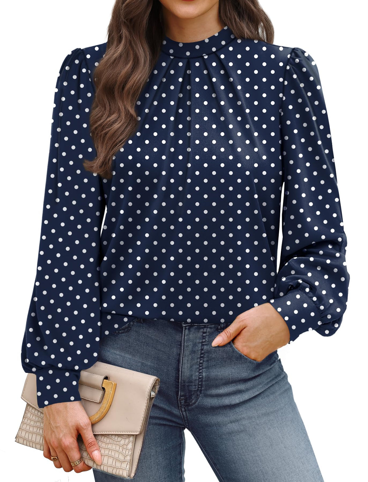 WIHOLL Women’s Mock Neck Pleated Long Sleeve Blouse