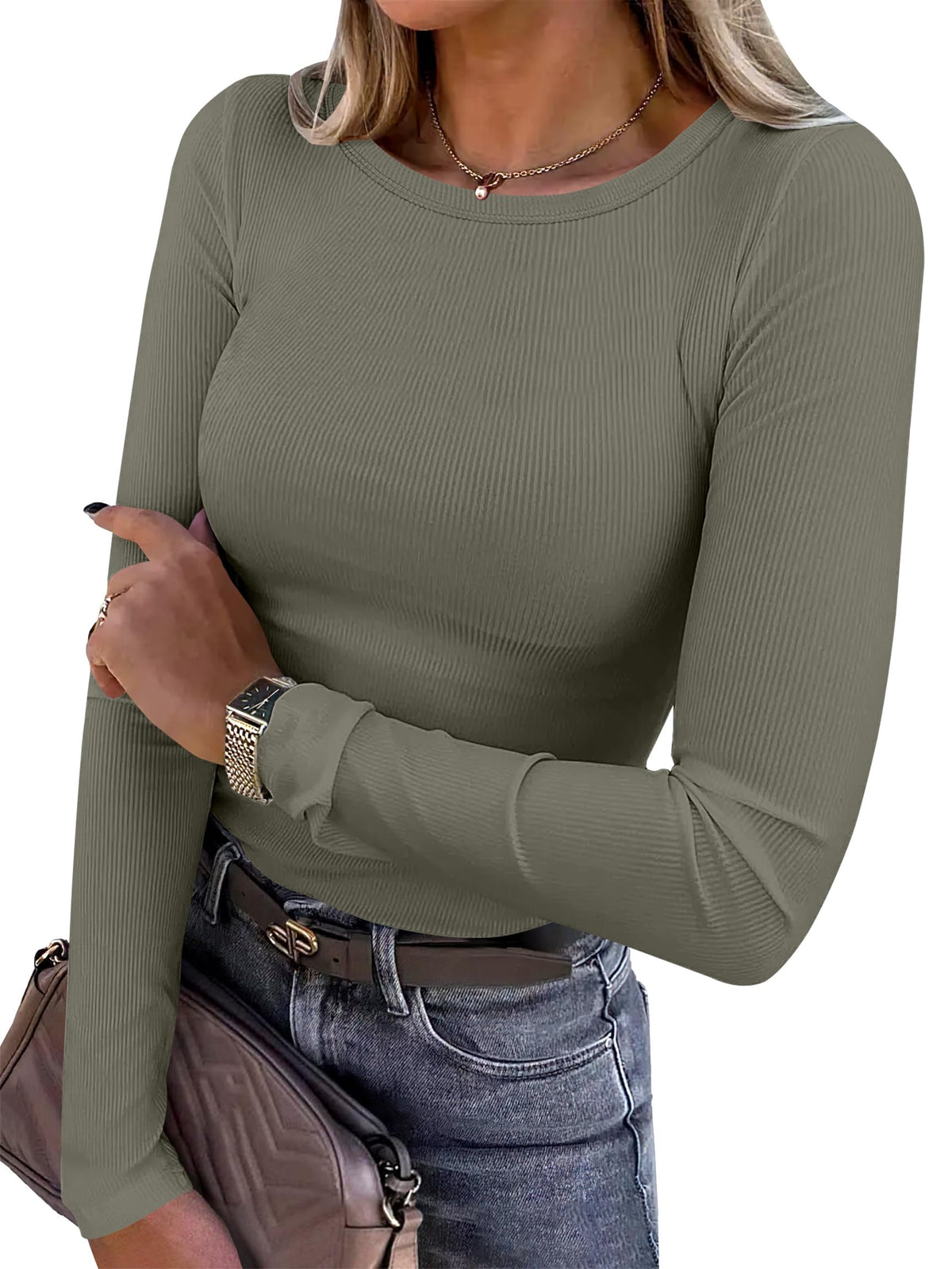 ANRABESS Women’s Ribbed Long Sleeve Crewneck Top