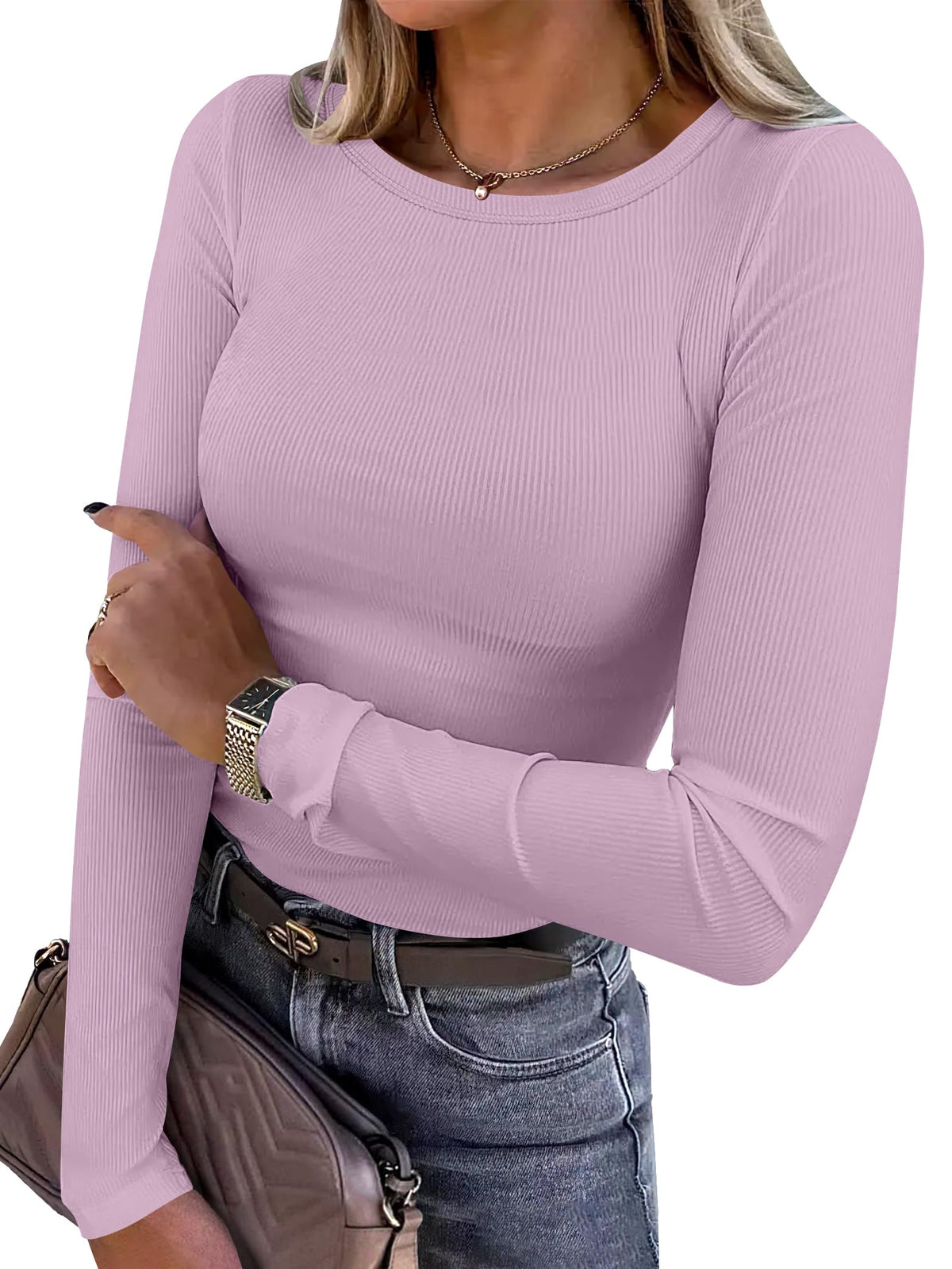 ANRABESS Women’s Ribbed Long Sleeve Crewneck Top