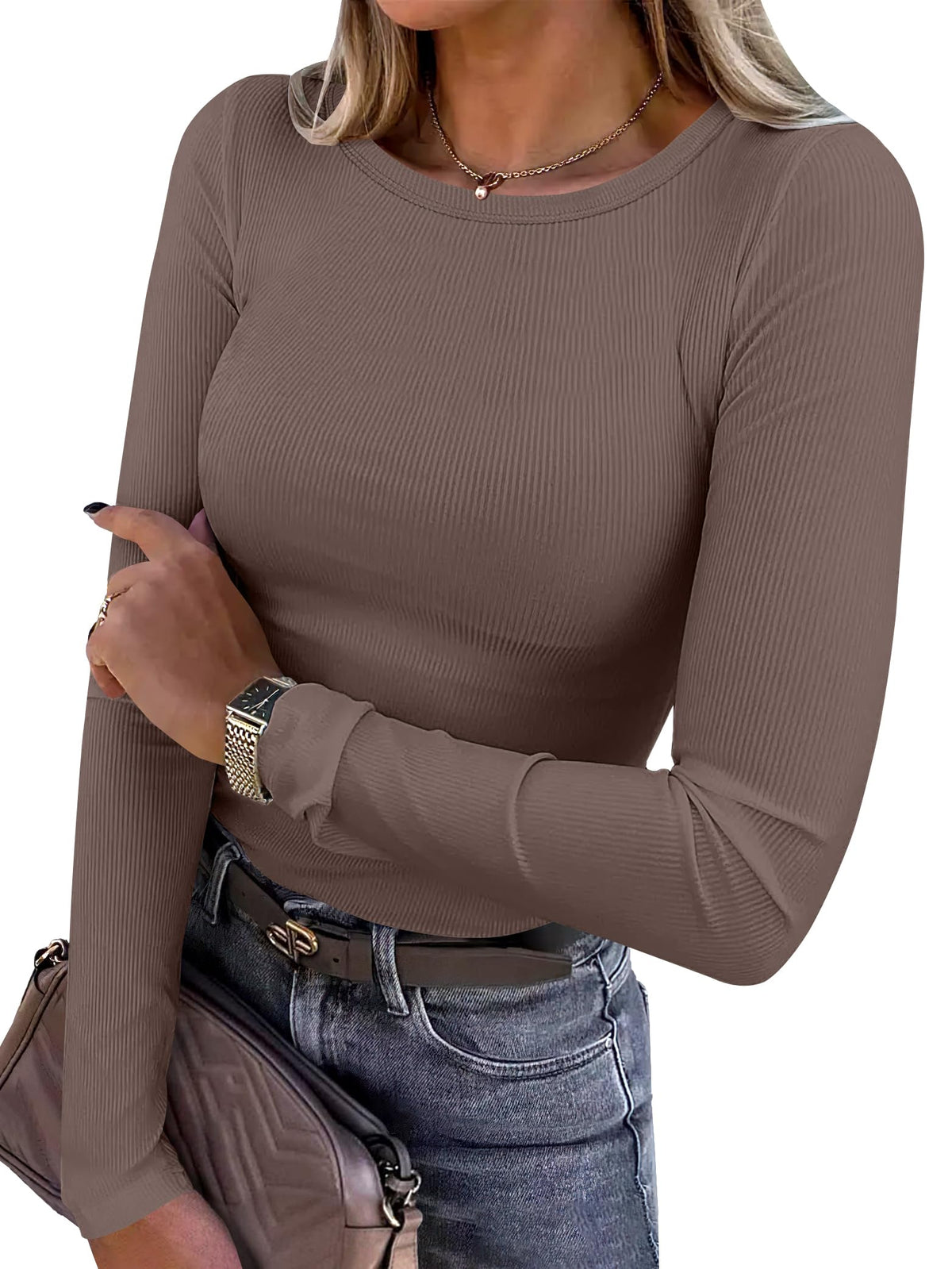 ANRABESS Women’s Ribbed Long Sleeve Crewneck Top