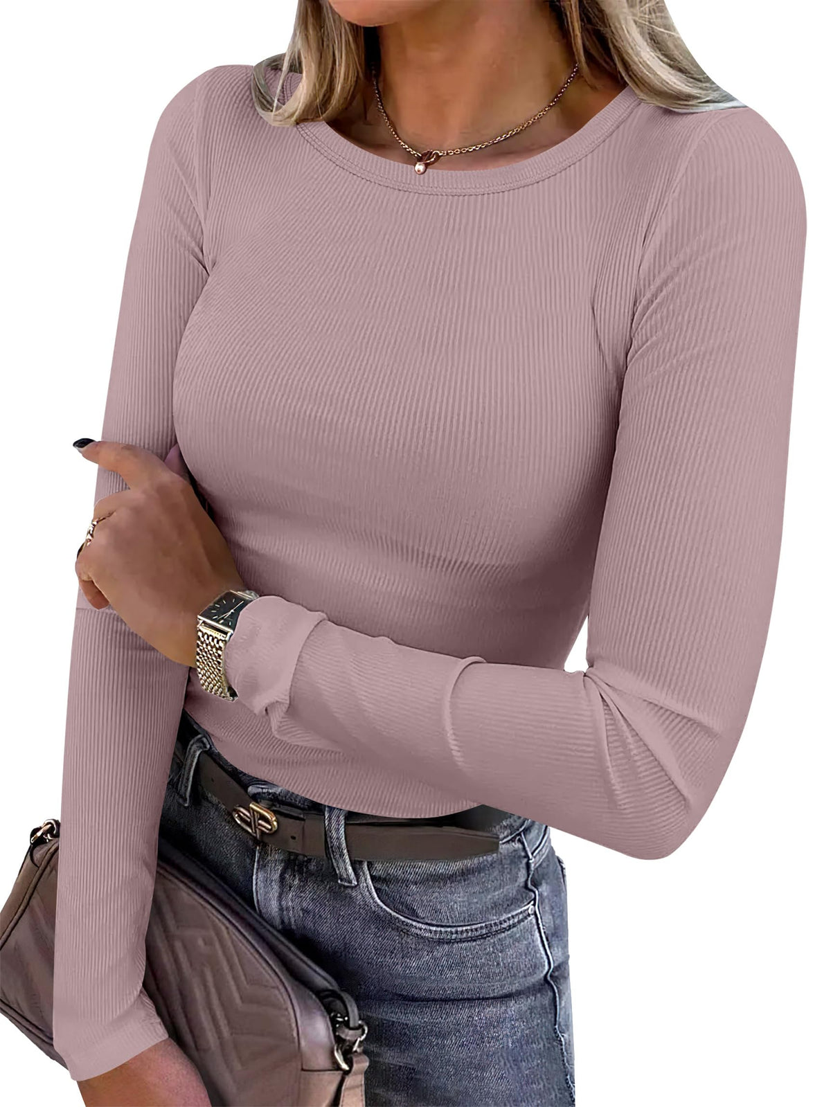 ANRABESS Women’s Ribbed Long Sleeve Crewneck Top