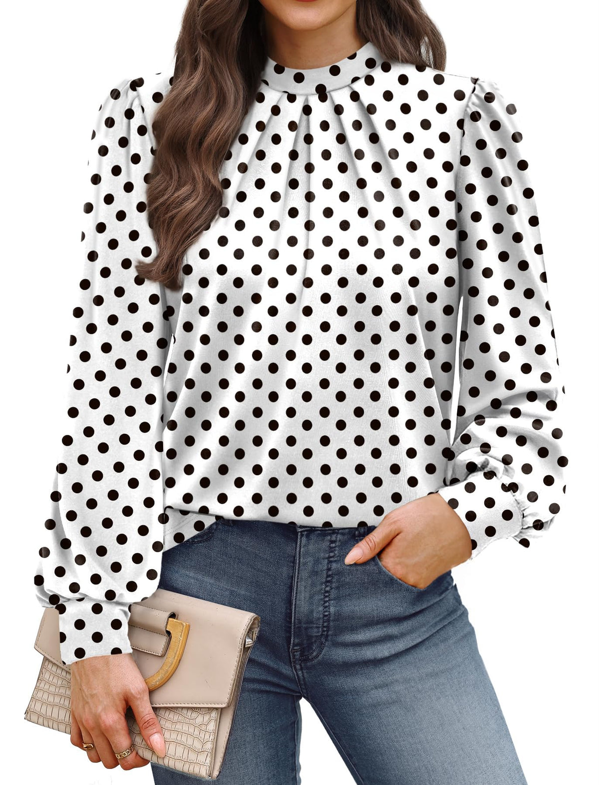 WIHOLL Women’s Mock Neck Pleated Long Sleeve Blouse