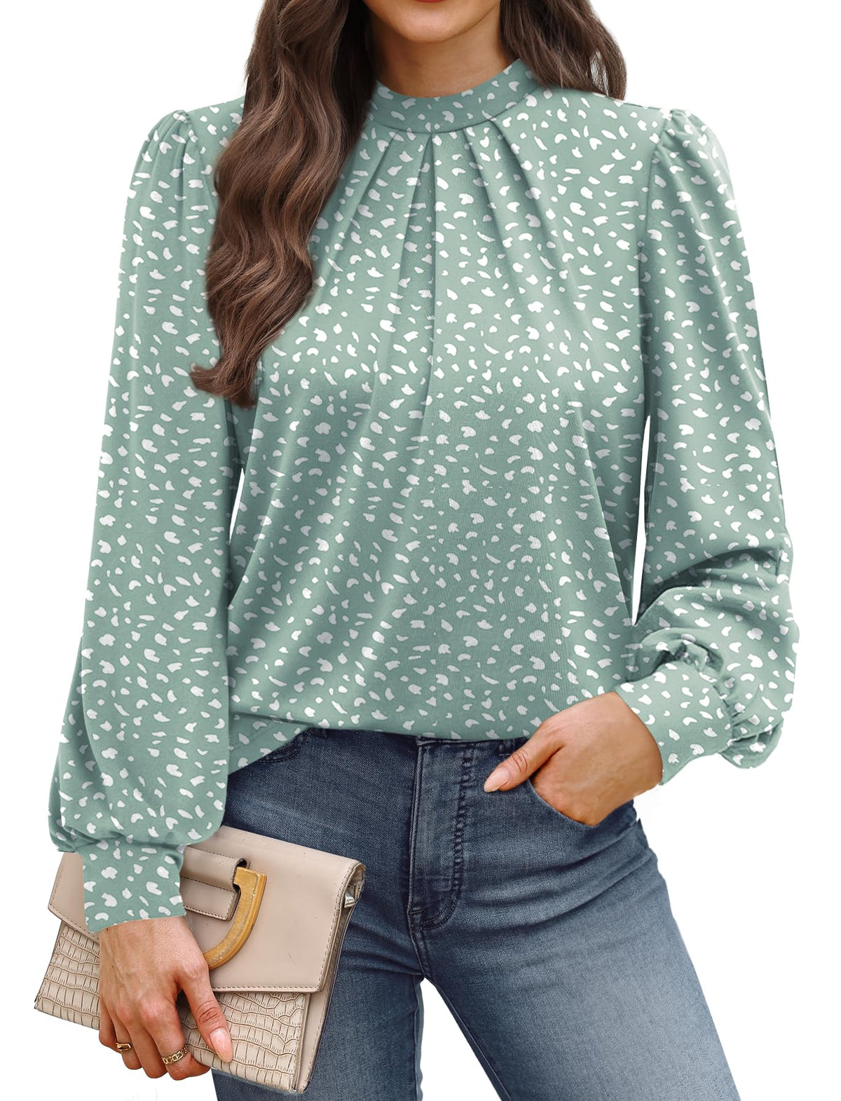 WIHOLL Women’s Mock Neck Pleated Long Sleeve Blouse