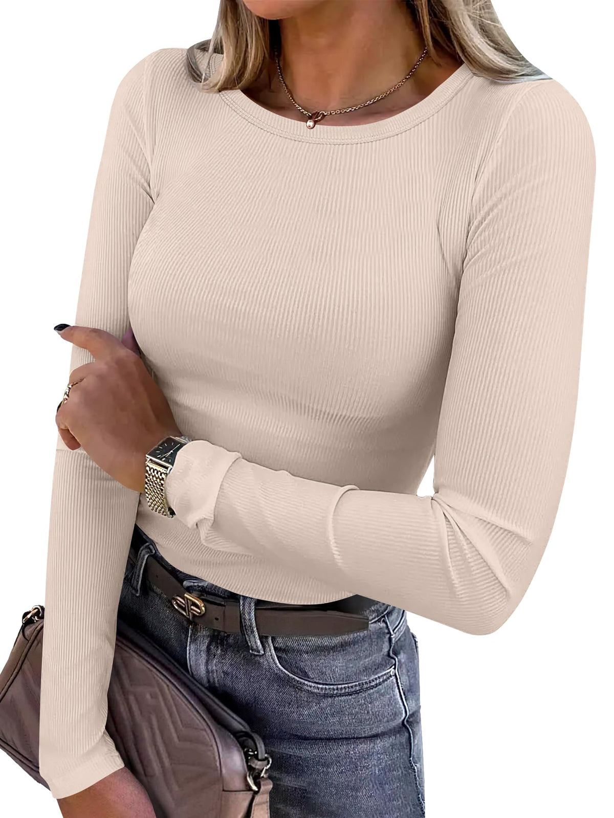 ANRABESS Women’s Ribbed Long Sleeve Crewneck Top