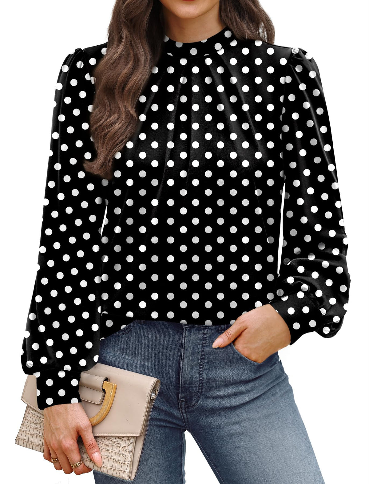WIHOLL Women’s Mock Neck Pleated Long Sleeve Blouse