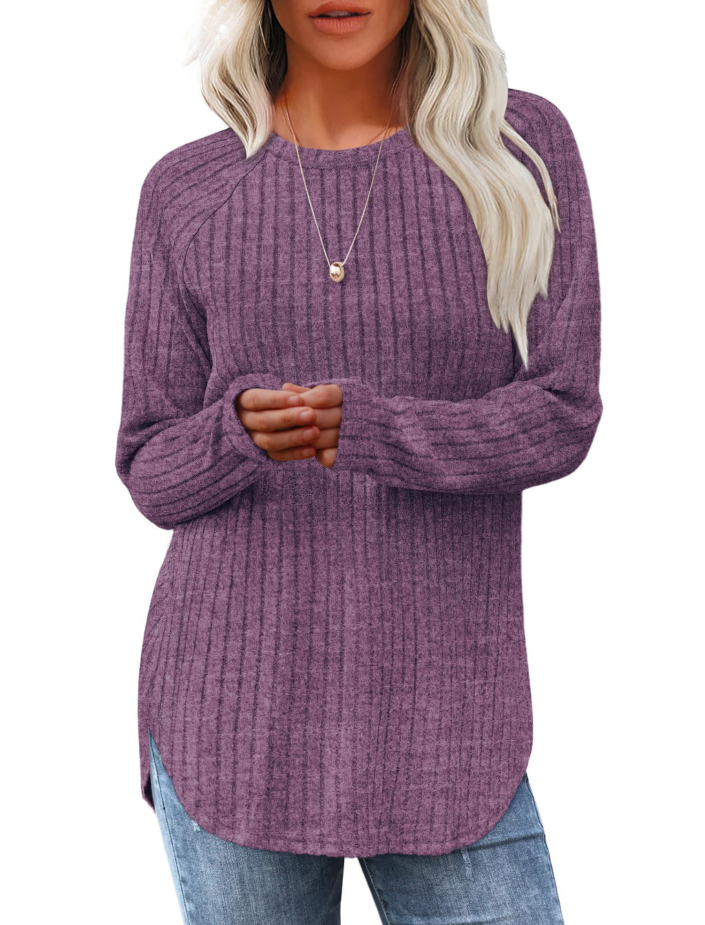 Saloogoe Women’s Long Sleeve Curved-Hem Tunic
