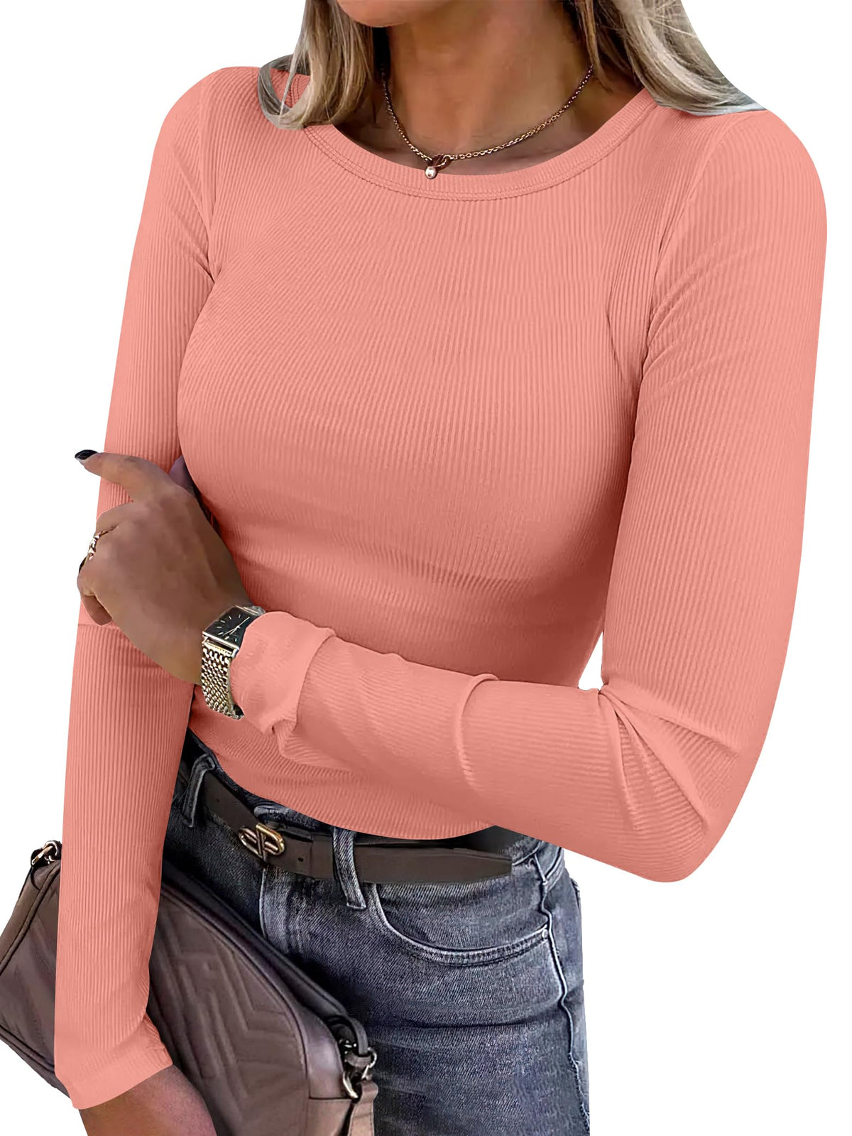 ANRABESS Women’s Ribbed Long Sleeve Crewneck Top