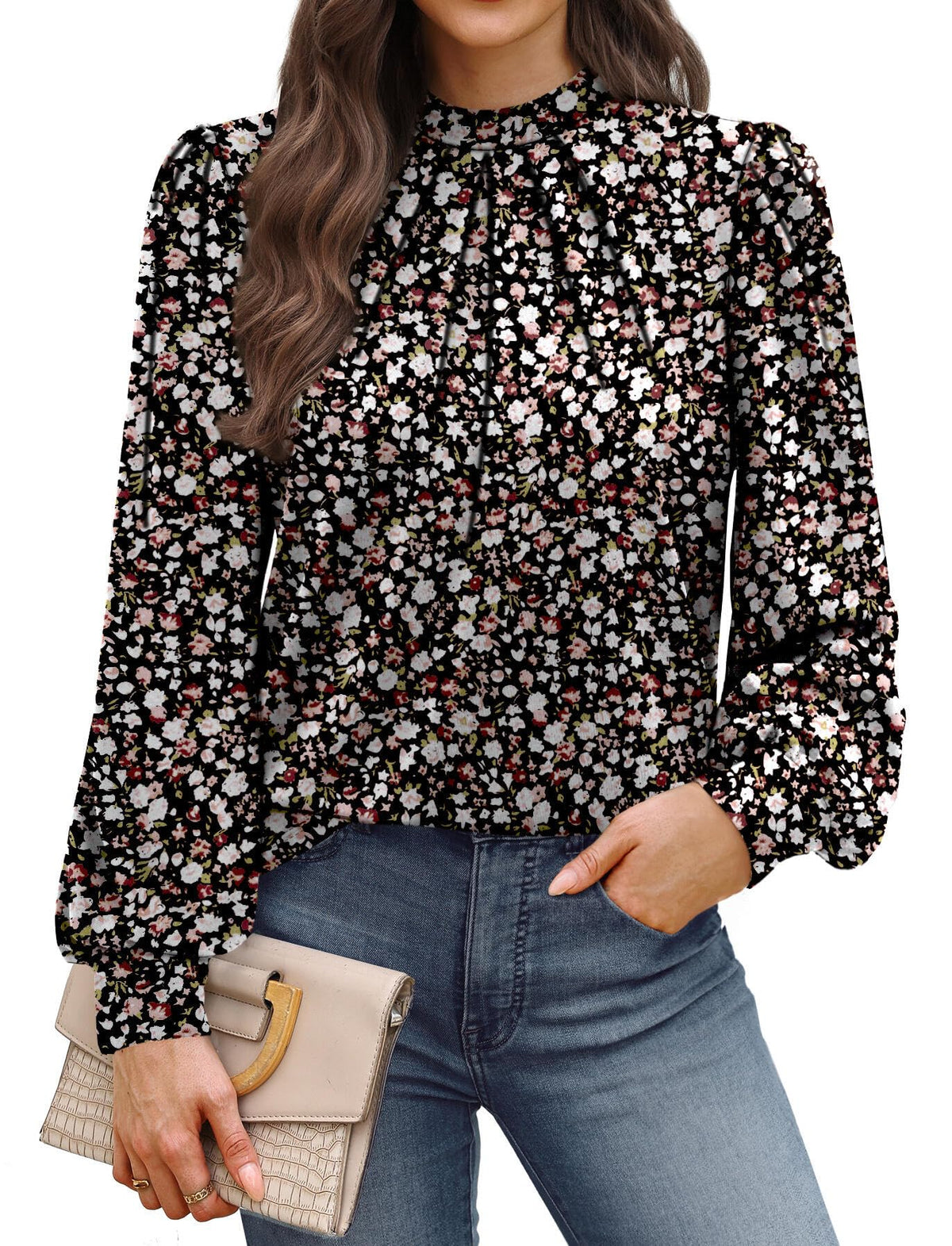 WIHOLL Women’s Mock Neck Pleated Long Sleeve Blouse