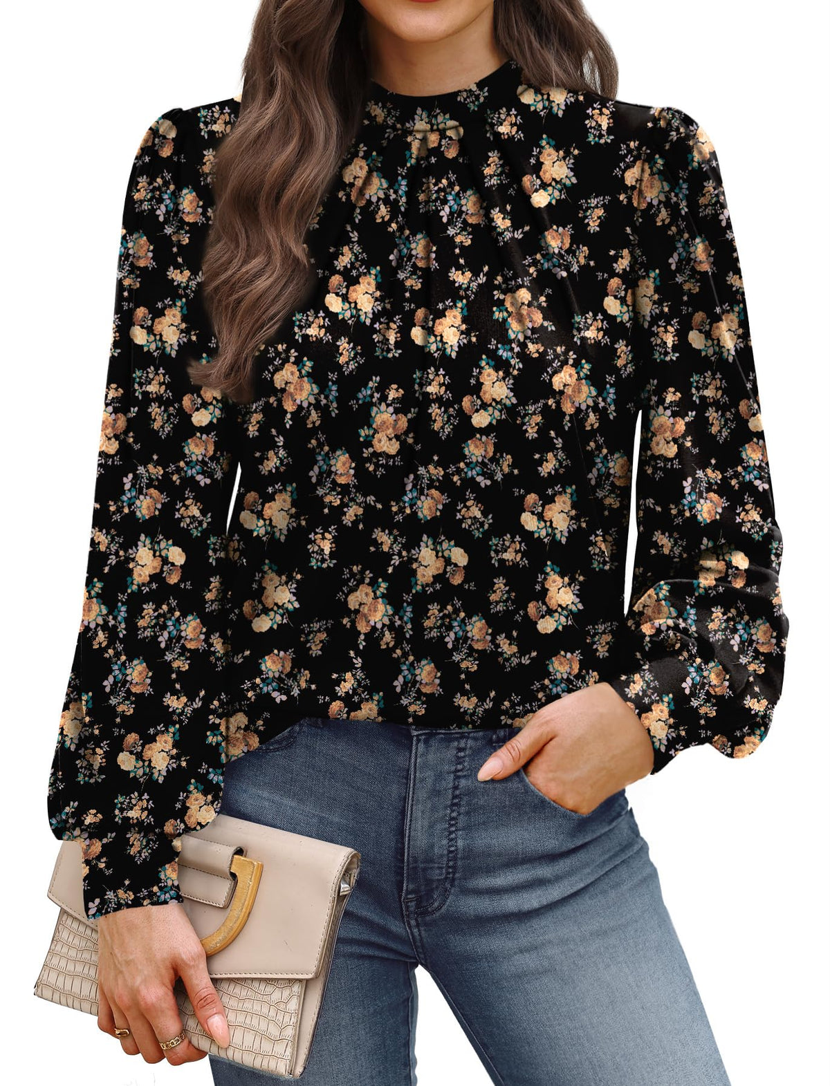 WIHOLL Women’s Mock Neck Pleated Long Sleeve Blouse